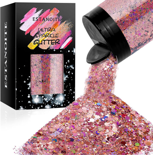 Estanoite Holographic Chunky Glitter, 160G/5.64OZ Glitter, Mixed Fine & Chunky Glitter for Epoxy Resin, Iridescent Glitter for Crafts Tumblers, Halloween Christmas Festival Painting Decor (Rose)