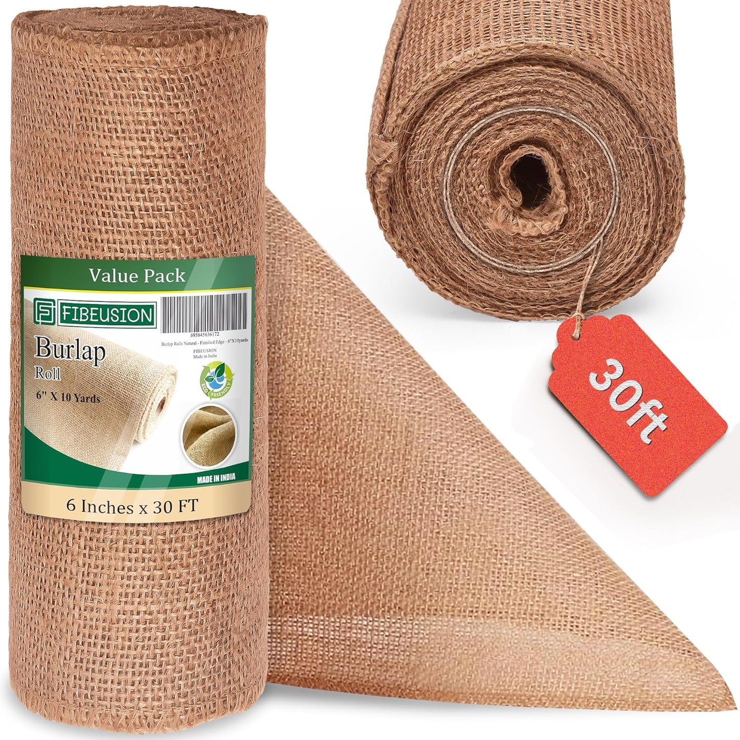 Burlap Table Runners 6 Inches x 30 FT - No-Fray Finished Edge Premium Natural Table Runner Burlap Roll – No Odor, Eco-Friendly Tablecloth Roll for Rustic Table Decor and Other DIY Crafts