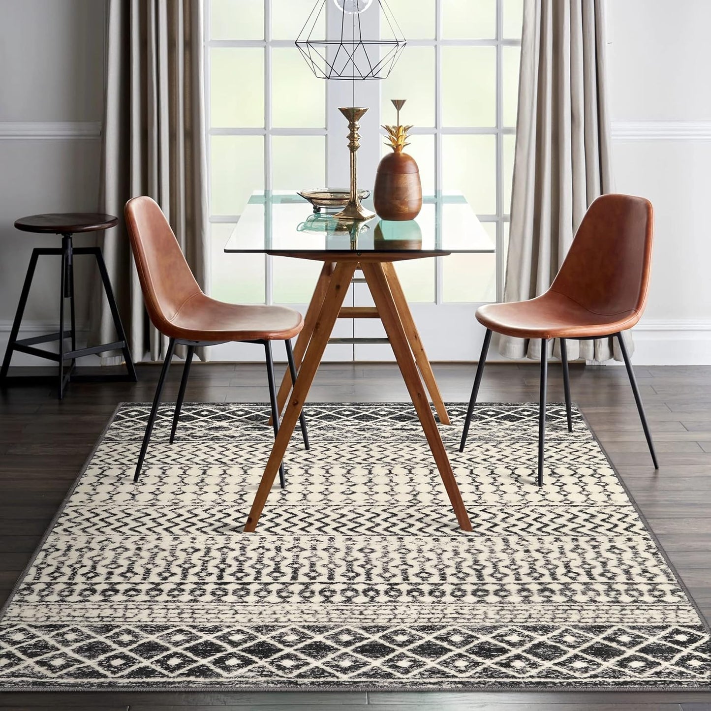 Moroccan Large Area Rug 5x7, Washable Non-Slip Black Distressed Tribal Living Room Rug, Soft Low-Pile Dining Room Rug Traditional Farmhouse Carpet for Bedroom Dorm Office Home Decor