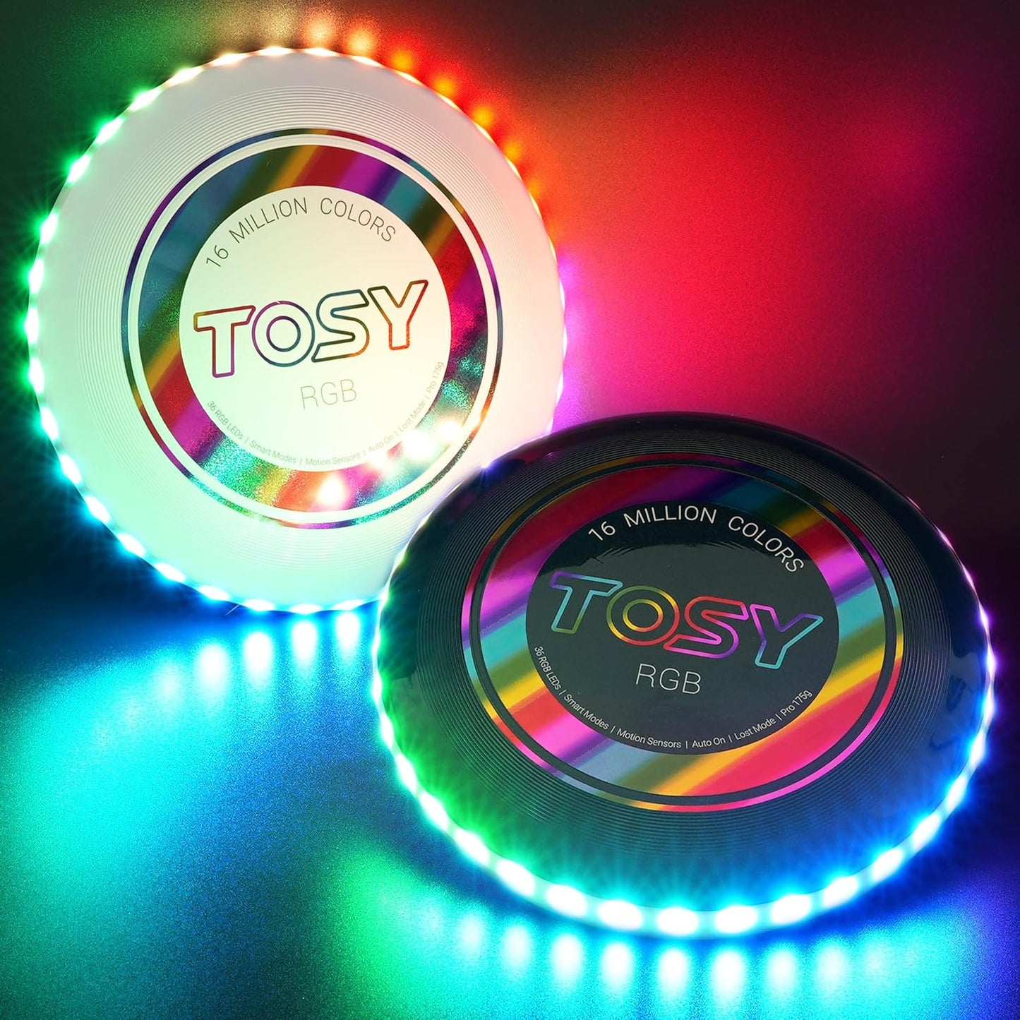TOSY Flying Disc - 16 Million Colors RGB or 36 LEDs, Extremely Bright, Smart Modes, Camping Essentials for Teens/Kids/Adults/Men/Boys/Girls, Auto Light Up, Rechargeable, Waterproof, 175g
