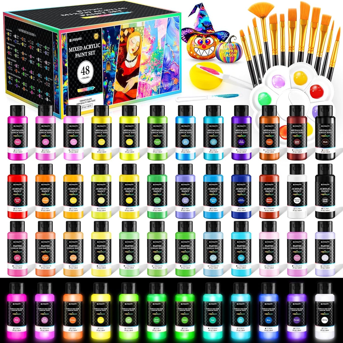 64 PCS Classic & Pastel & Metallic & Glow in the Dark Acrylic Paint Set with 12 Brushes, 2 Knives & Palette, 48 Colors Art Craft Paint for Beginners, Halloween Pumpkin Canvas Ceramic Rock Painting Kit