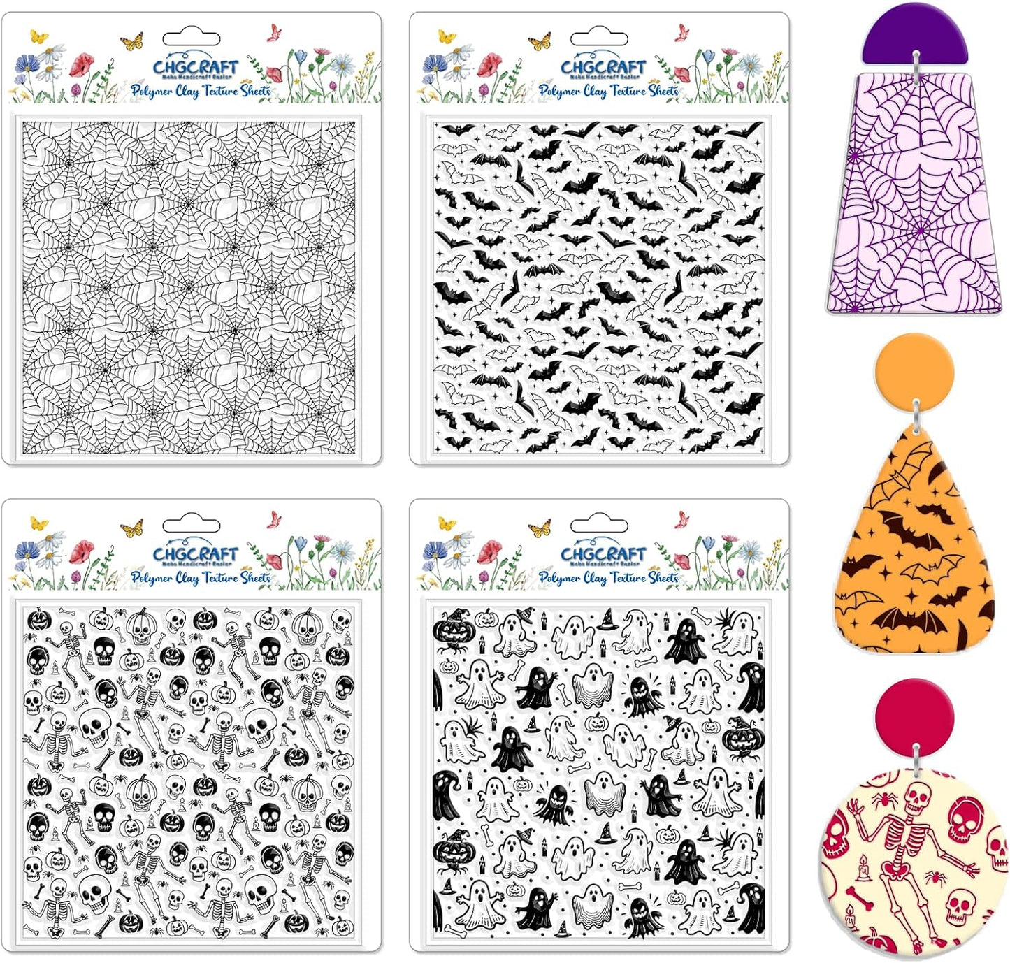 CHGCRAFT 4 Pcs Halloween Elements Polymer Clay Texture Sheets Ghosts Silicone Texture Stamp Skeletons Clay Texture Mat Modeling Pattern Pad Sheets for Jewelry and Earrings Tools, 5.5x5.5 inch