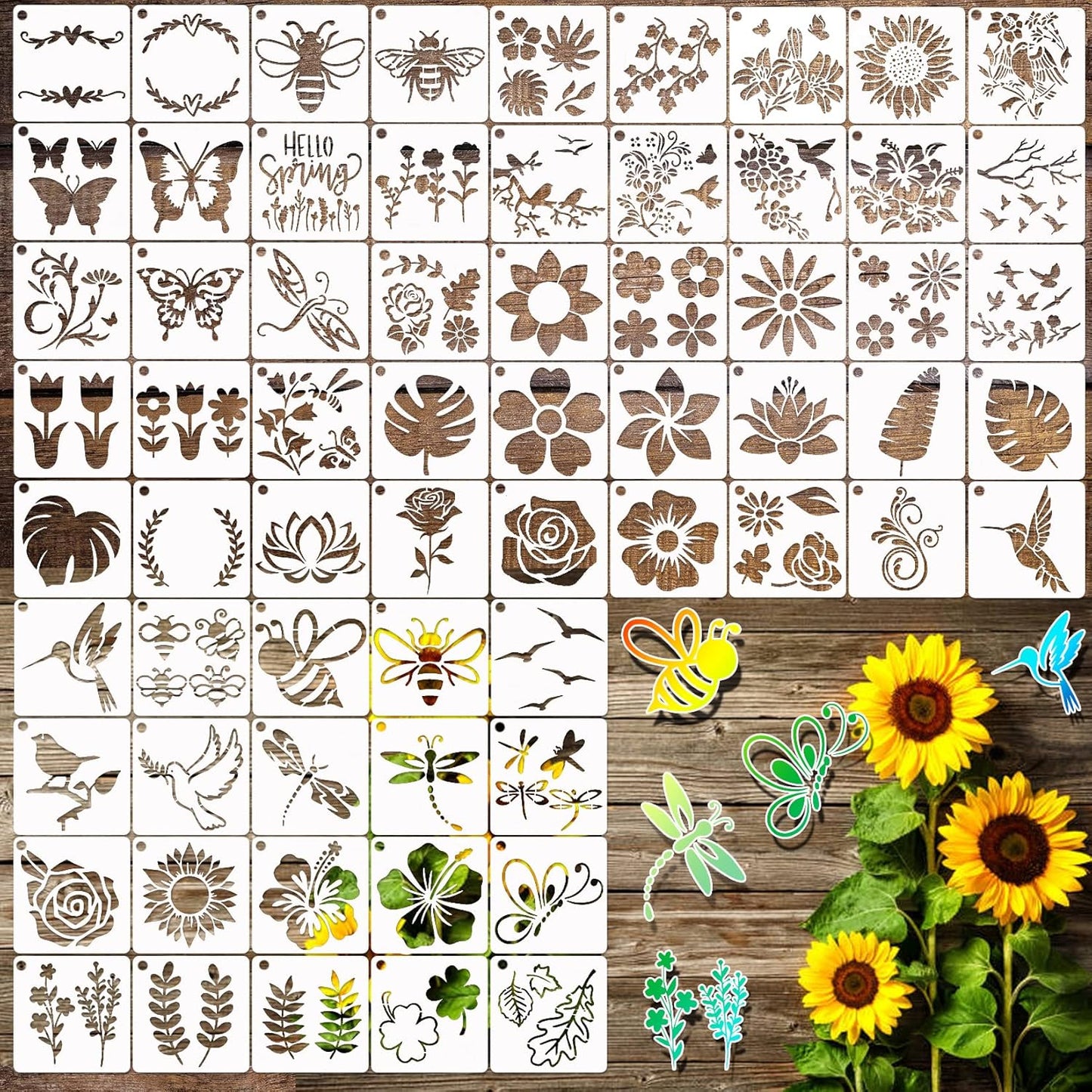 65Pcs Small Stencils for Painting on Wood Reusable, 3 Inch Reusable Stencil for Craft Ornament Paint Template Stencils for Wall Card Rock Wood Signs Coasters Canvas Home Decor (Flower)