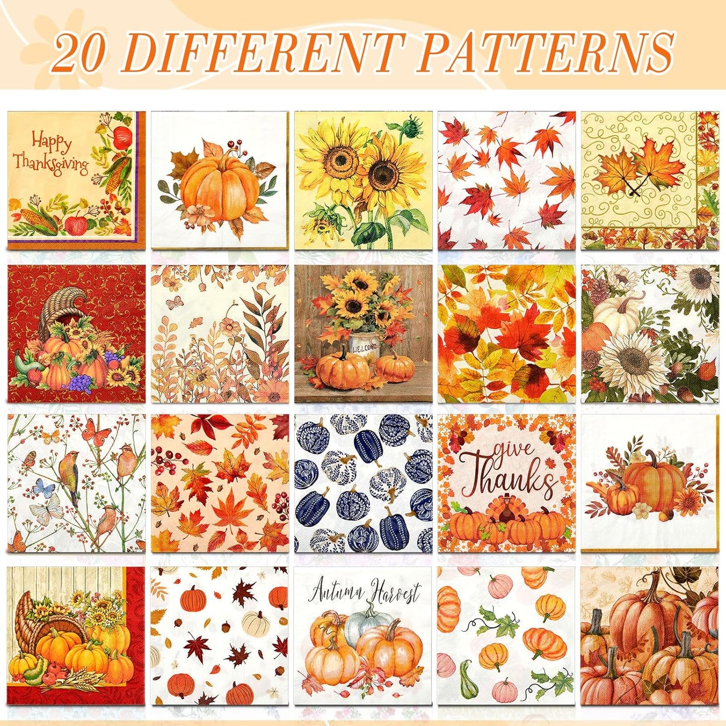 Crtiin 20 Pack Fall Decoupage Napkins Autumn Napkins Floral Pumpkin Maple Leaf Decorative Paper for Thanksgiving Harvest Birthday Party Beautiful Gorgeous, 20 Styles Each 6.5 Inches