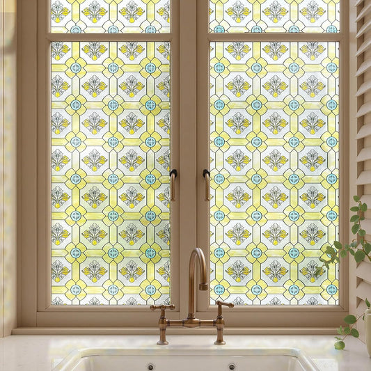 3D Stained Glass Window Film, Decorative Window Privacy Film for Bathroom,Front Door,Home, Sun Blocking Heat Control,Static Cling,23.6inch x 35.4inch Gilt Glazed Flowers