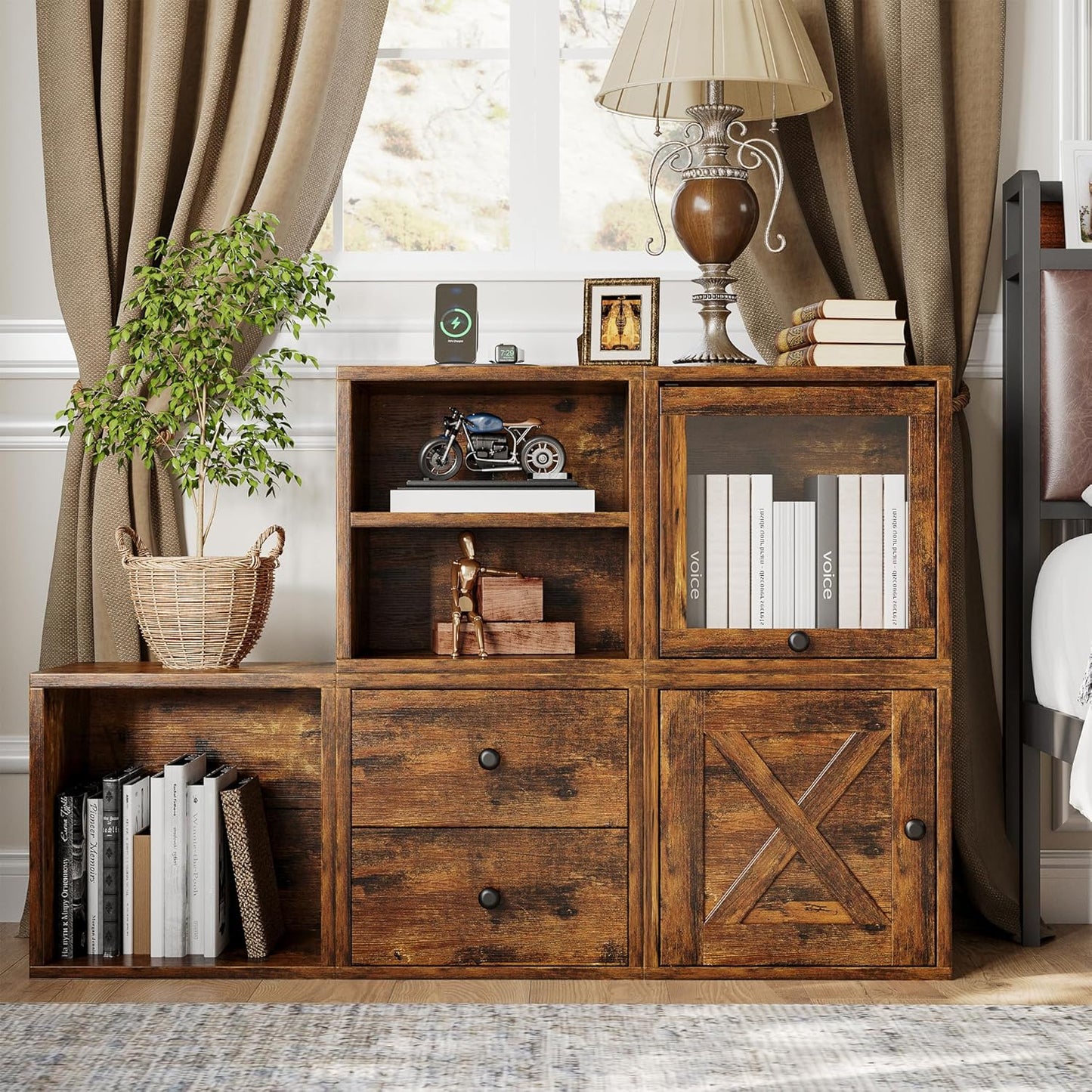 FUSUNBAO Magic DIY Cube Storage Organizer Stackable Cubes for Home Books Clothes Toy-Modular Cubby Storage System-Office Cubical-Bookcase Closet(Antique Brown, Glass Door Cube)