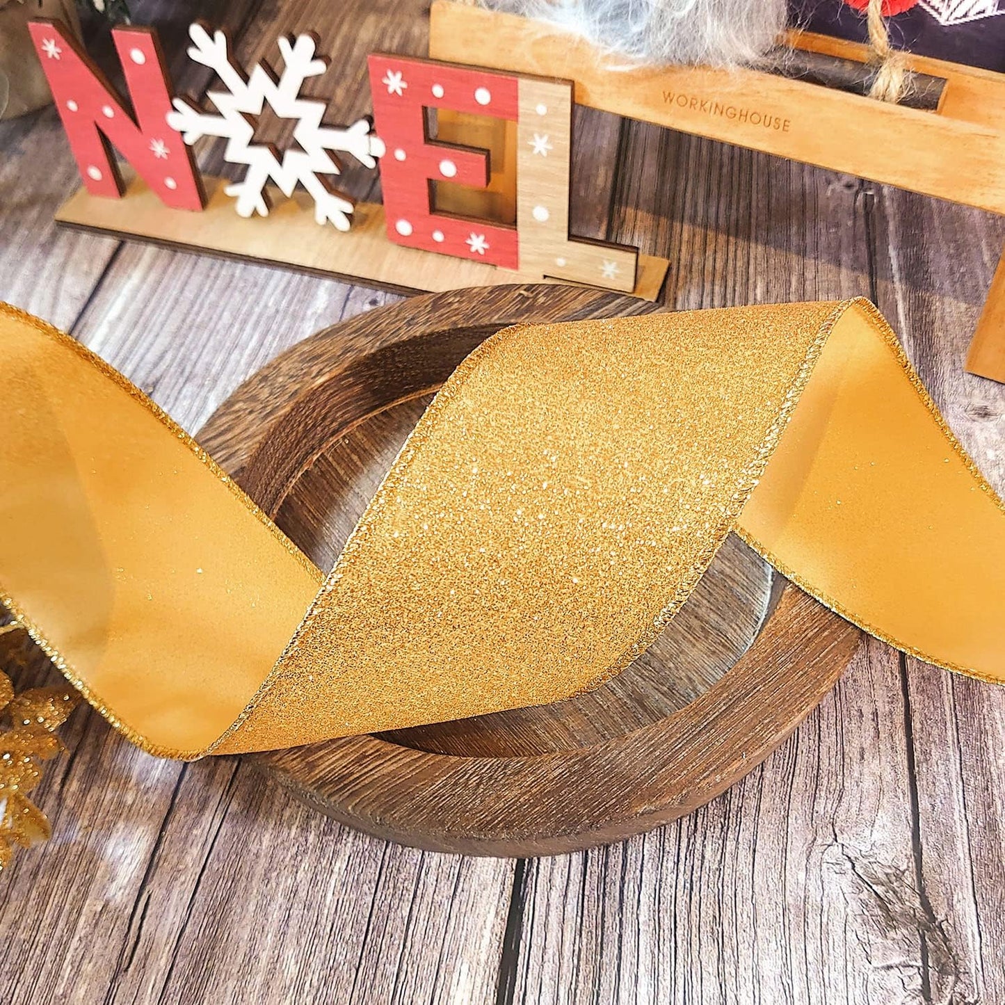 CT CRAFT LLC Glitter Wired Ribbon 2.5" x 10 Yards Yellow Gold for Christmas Home Decor Bow Gift Wrapping DIY Crafts Wreath