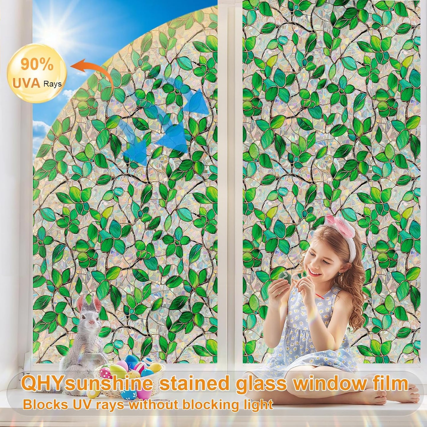 Stained Glass Window Privacy Film Decorative Rainbow Static Clings – Ideal for Home & Office, Adhesive-Free, Removable, UV-Blocking (Green Rainbow, 17.5 X 78.7 in)