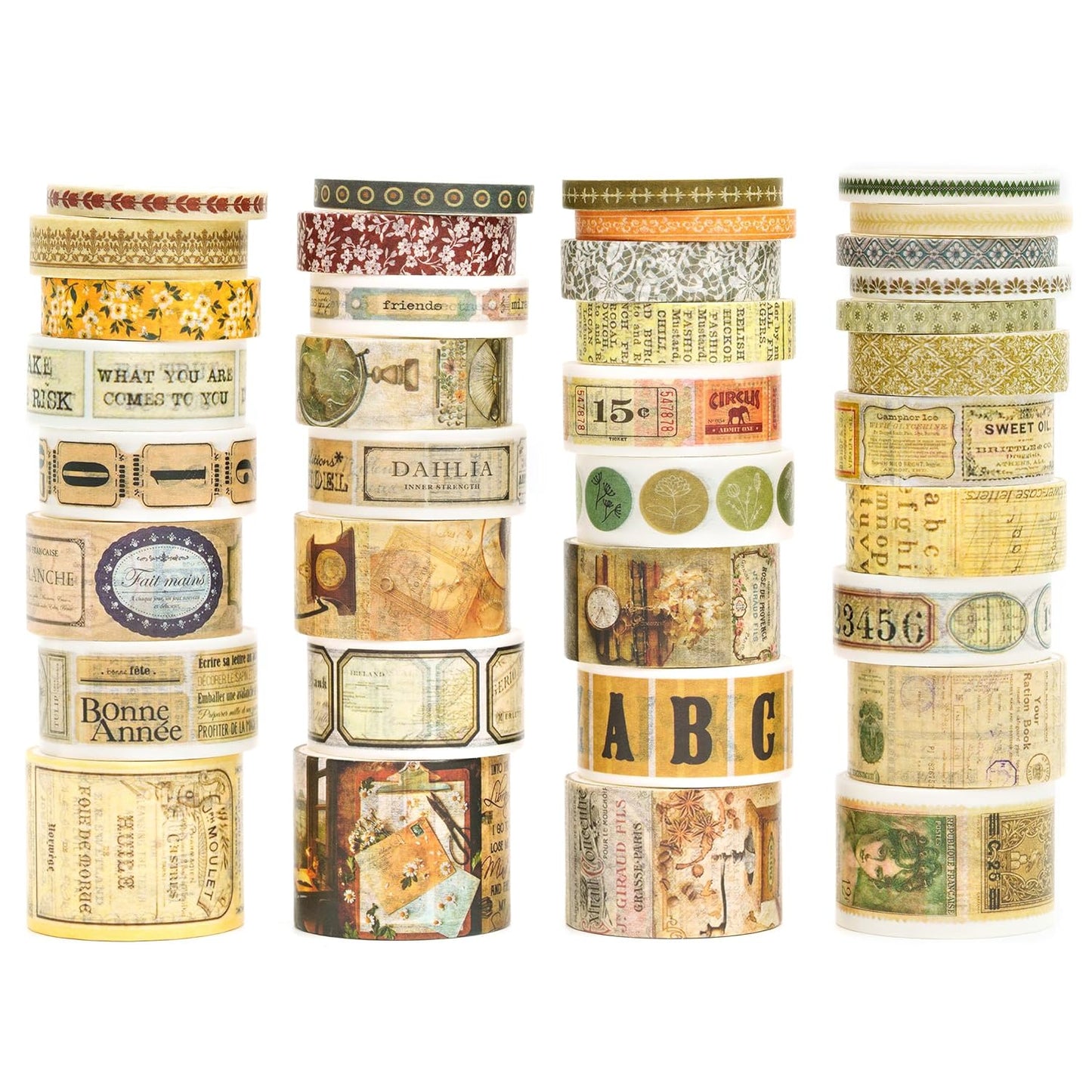 36 Rolls Vintage Washi Tape Pack Retro Arts Adhesive Tapes Wide Chronicle Decorative Masking Tape Sets for Craft, Kids, Scrapbook, DIY, Gift Wrapping (Sophia's Letters)