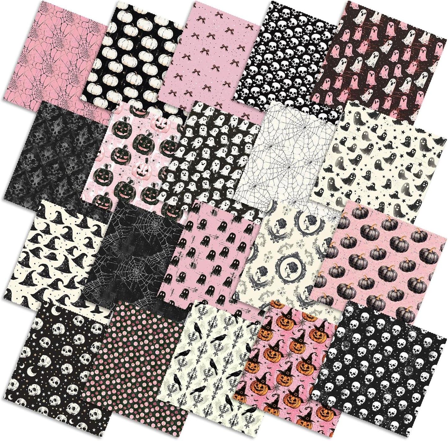 Ganeen 60 Pcs 10 x 10 Inch Pink Halloween Quilting Fabric Squares Vintage Pink Ghost Fat Patchwork Precut Strips Retro Pumpkin Skull Fabric Bundles for Holiday DIY Craft Sewing Quilt Material Handmade