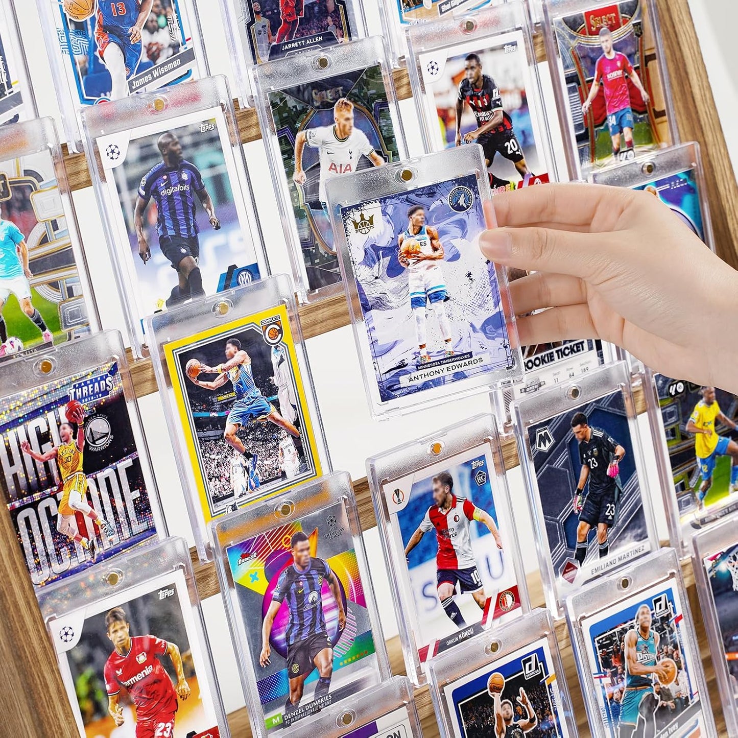 Emfogo Trading Card Display Stand, 5 Tier Sports Graded Card Display, Wooden Trading Card Display Stand for Soprts Card Collection & Show, Brown