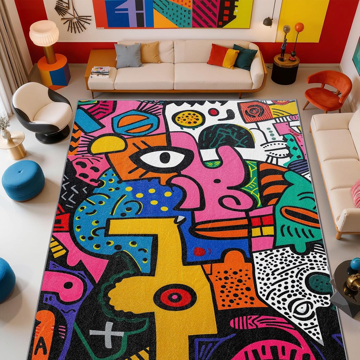 Abstract Rug 5x7-5x8 Rug - Abstract Rug - Colorful Pop Art Area Rug - Modern Geometric Graffiti Rugs - Multicolor Artistic Carpet - Home Decor