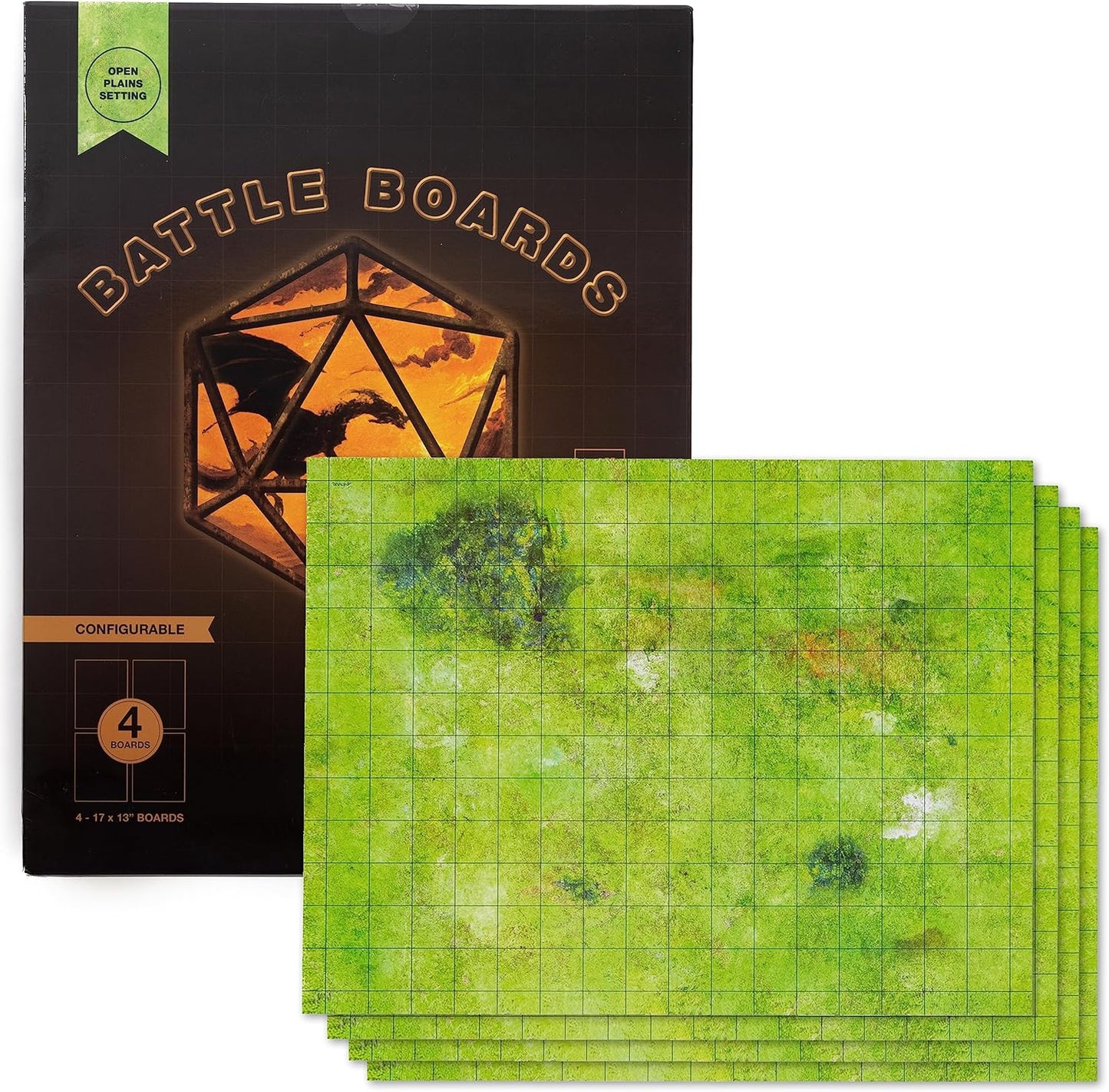 GSM Brands Battle Mat with Grid for Dungeons Role Playing Tabletop Dragons Game - 4 Pack Open Plains Setting Dry Erase Battle Boards, Non-Skid Back (17x13 Inches Each Makes 34x26 Board)