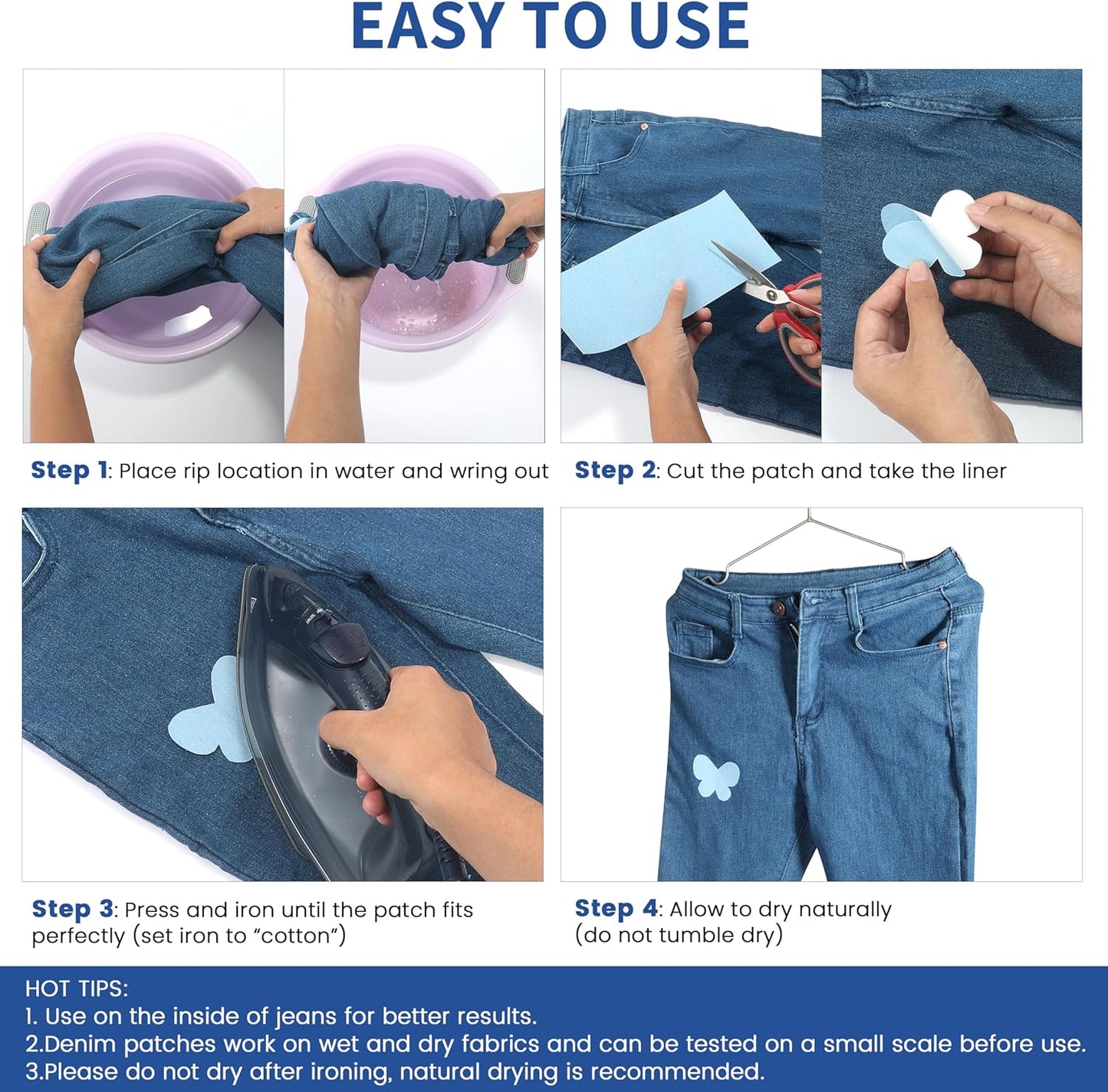 Denim Patches for Inside Jeans - Iron On Patches for Jeans - Jeans Patch for Repairing Pant Holes and Covering Imperfections, 6 Colors, Each Piece Measures 4 in x 8.9 in