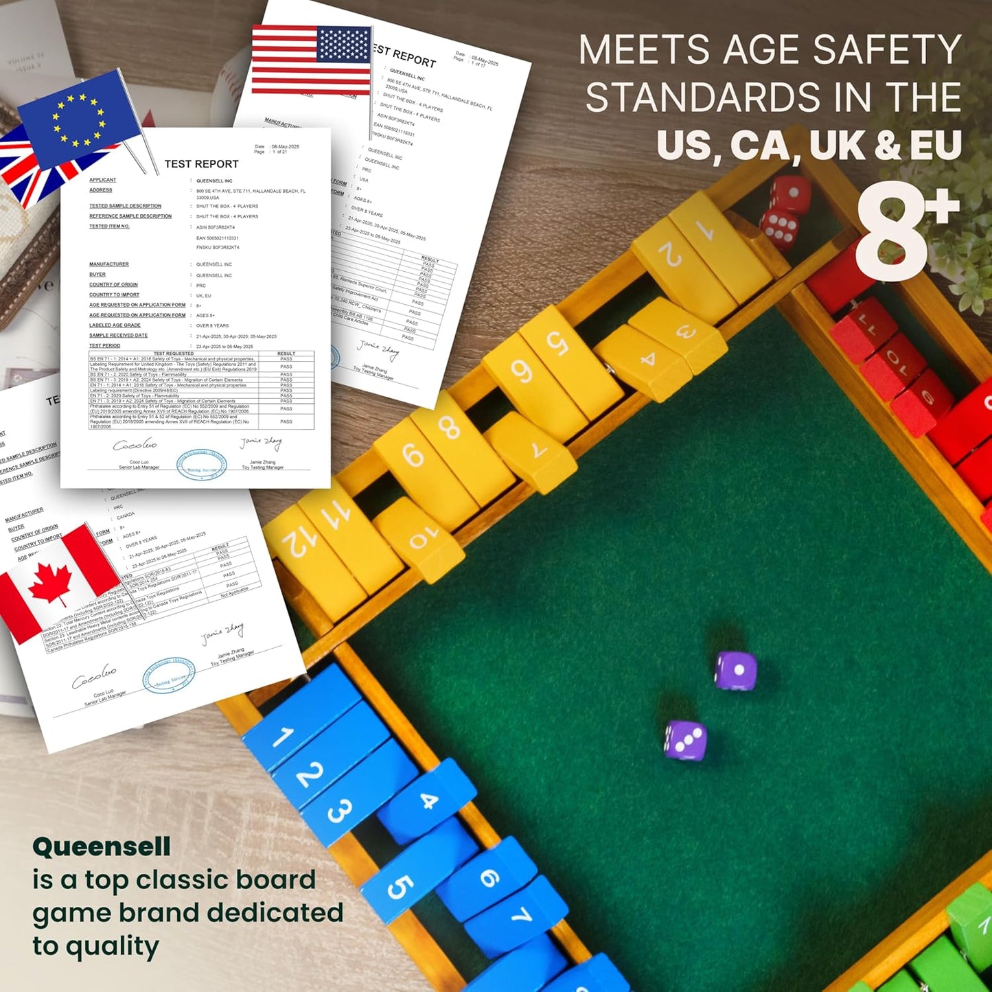 Shut The Box Game Wooden Board for 4 Players - 14-inch Shut The Box Game 12 Numbers for Adults & Kids - Ideal for Games Night