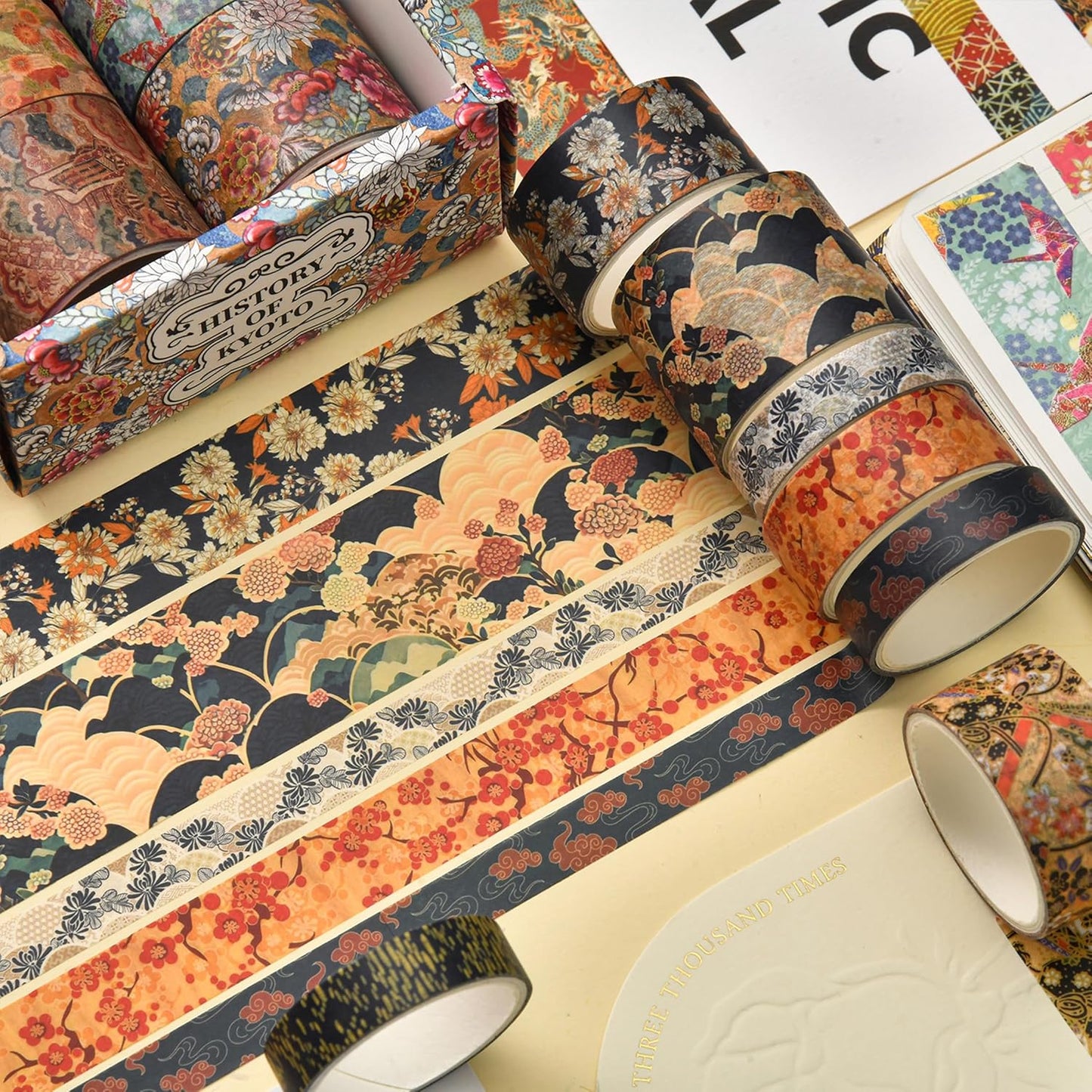 12 Rolls Kyoto Charm Washi Tape Set Japanese Arts Adhesive Tapes Geometric Garden Decorative Masking Tape Sets for Craft, Kids, Scrapbook, DIY, Gift Wrapping (Azure Tranquility)