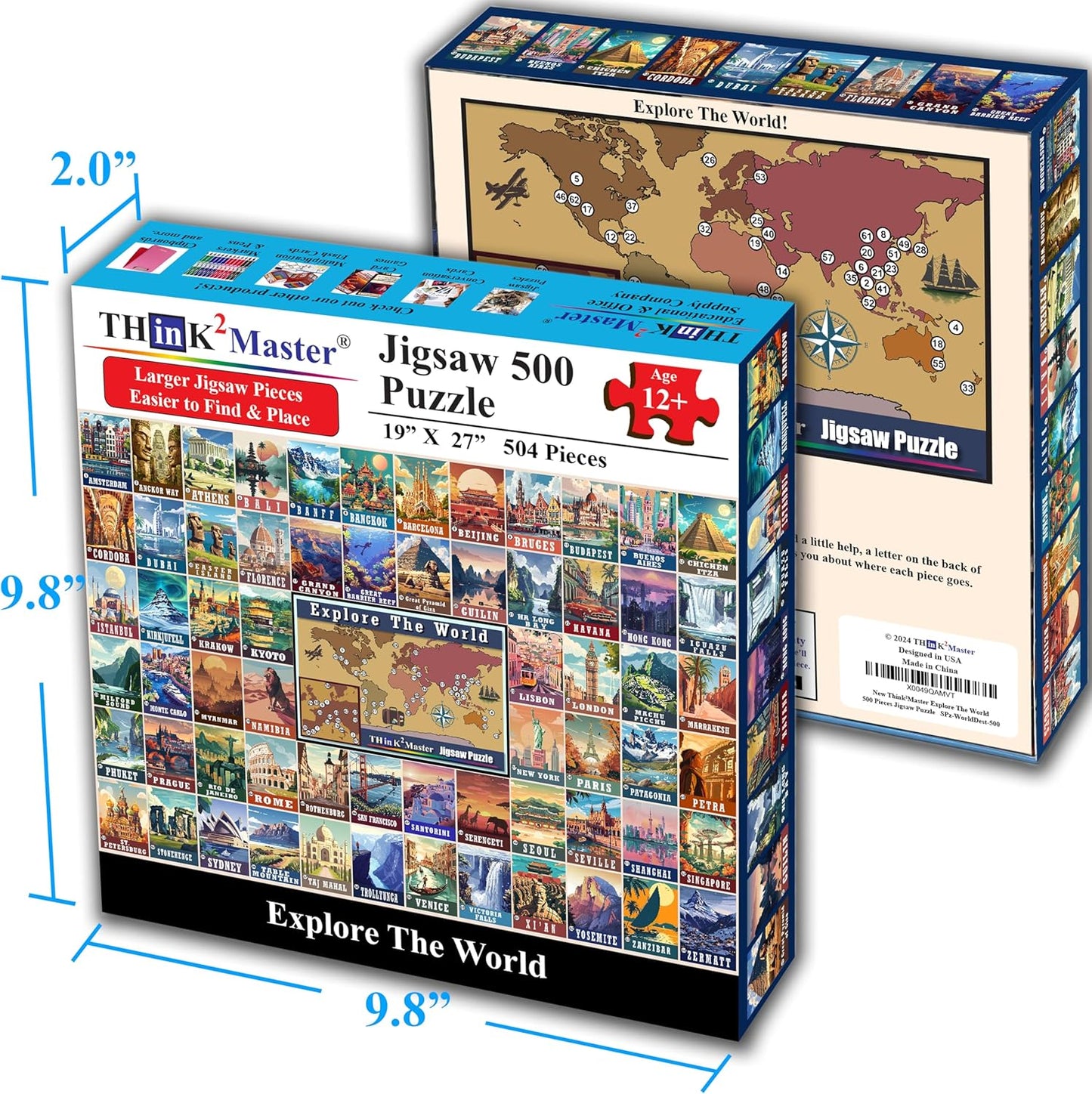 Think2Master Colorful Vintage World Travel Poster 500 pieces Large Format Jigsaw Puzzle for kids 12+, teens, adults & families. Great gift for people intent in traveling the World. Size: 26.8” X 18.9”