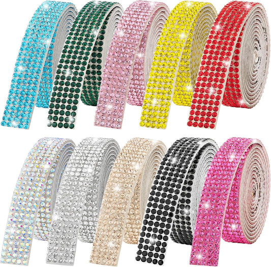 10-Yard Bedazzling Strips, 5-Rows Rhinestone Ribbon Self Adhesive,10-Rolls Rhinestone Strips for DIY Craft, Rhinestones for Crafting, Home Decor and Special Events, 10 Colors, 0.45inch Width