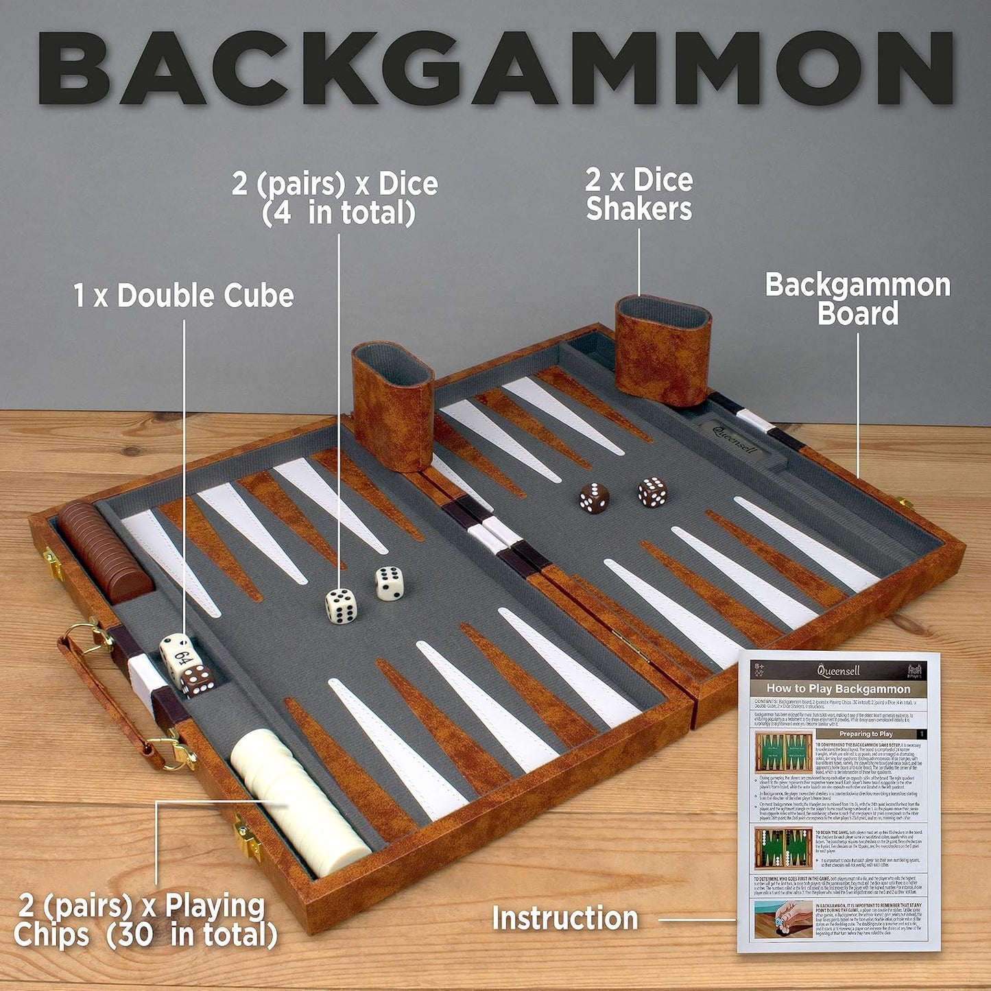 Large Backgammon Sets for Adults - Classic Board Games for 2 Players Adults and Kids - Premium Backgammon Set 15 inch Board and 32 Backgammon Pieces in Quality PU Leather Case - Gift for Man
