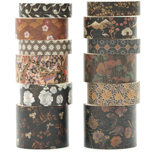 12 Rolls Kyoto Charm Washi Tape Set Japanese Arts Adhesive Tapes Geometric Garden Decorative Masking Tape Sets for Craft, Kids, Scrapbook, DIY, Gift Wrapping (Black Elegance)