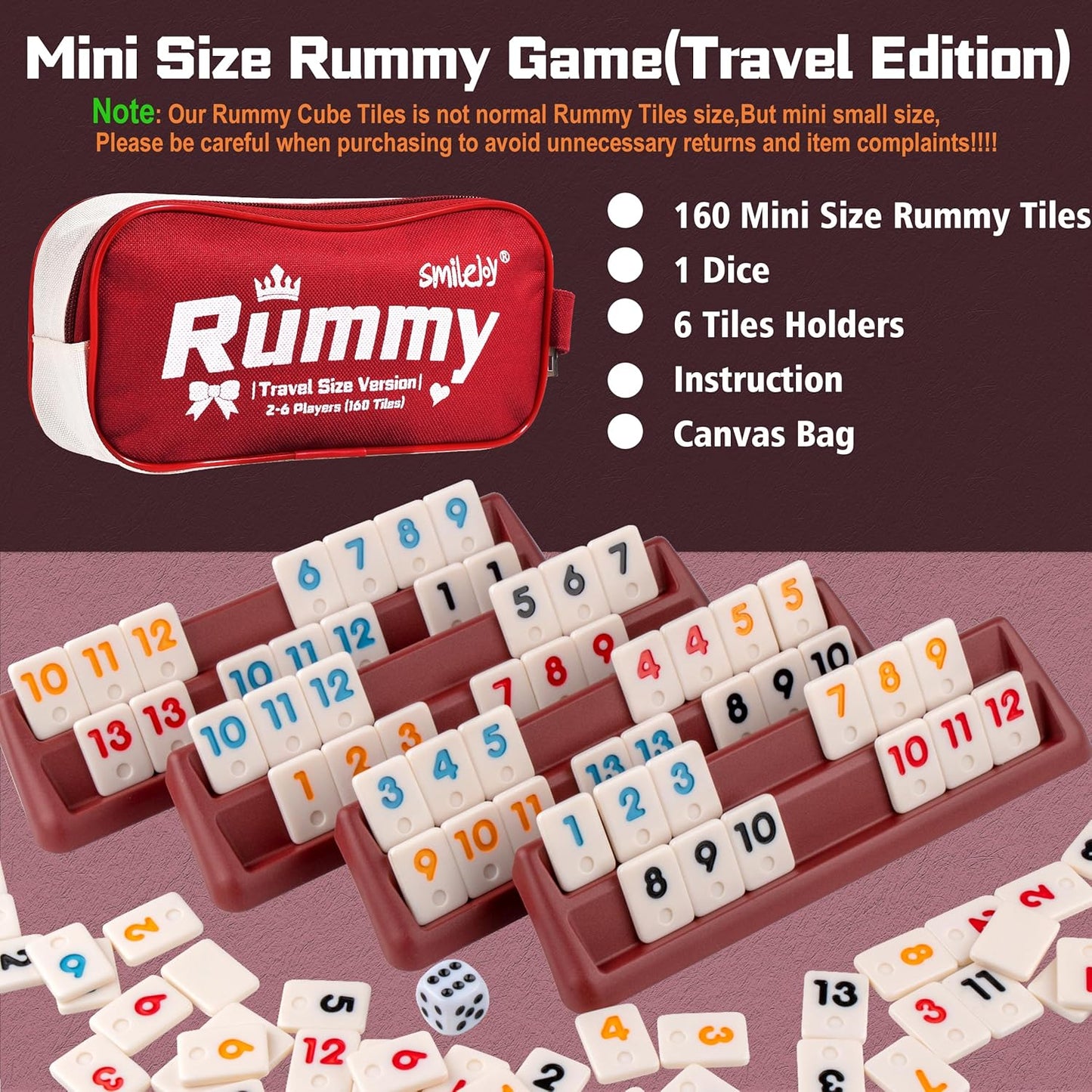 Mini Rummy Cube Six Player Edition, Travel Rummy Game Set with Portable Canvas Bag,Classic Board Game for Adults and Kids |160 Tiles|6 Playing Racks|1 Dice (2-6 Player)