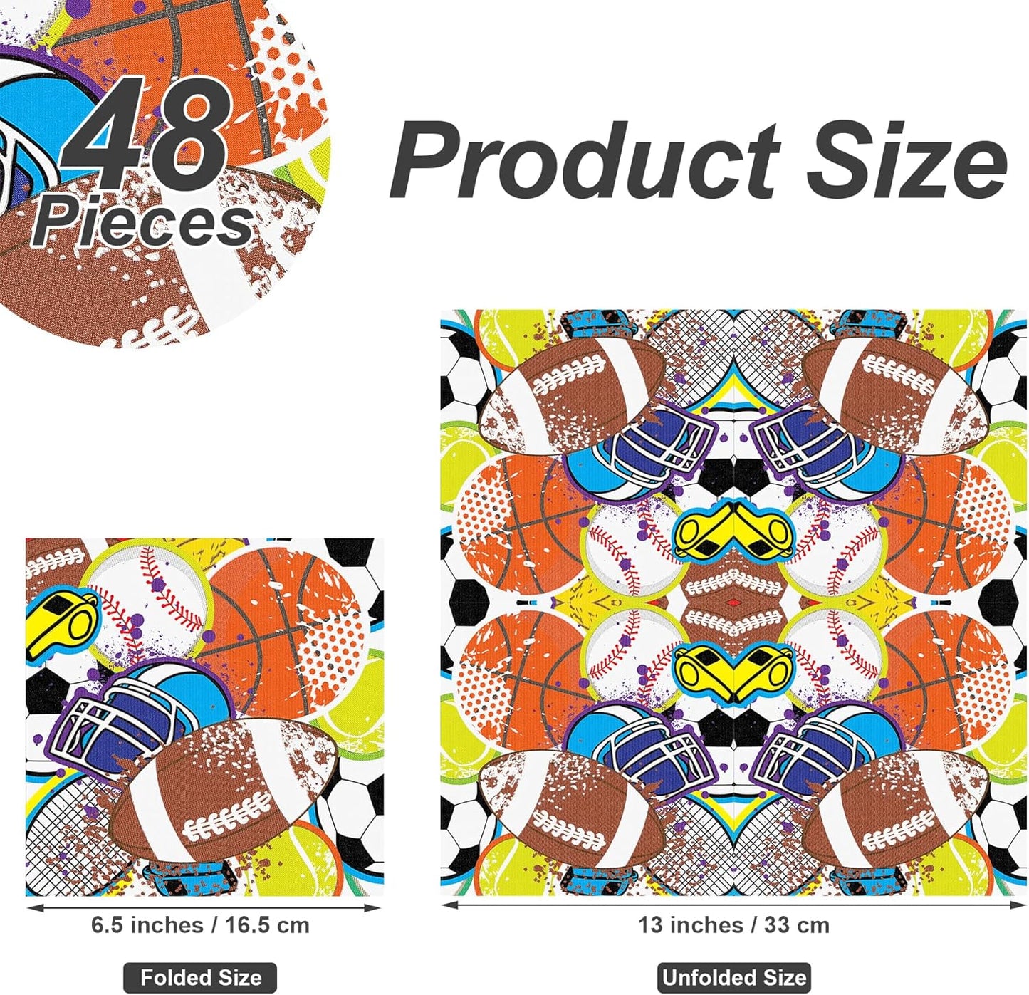 Aodaer 48 Pieces Sports Napkins 13 x 13 Inches Sports Ball Paper Napkins Disposable Sports Pattern Cocktail Napkins for Baseball Basketball Football Soccer Party Supplies, Birthday Party Decorations