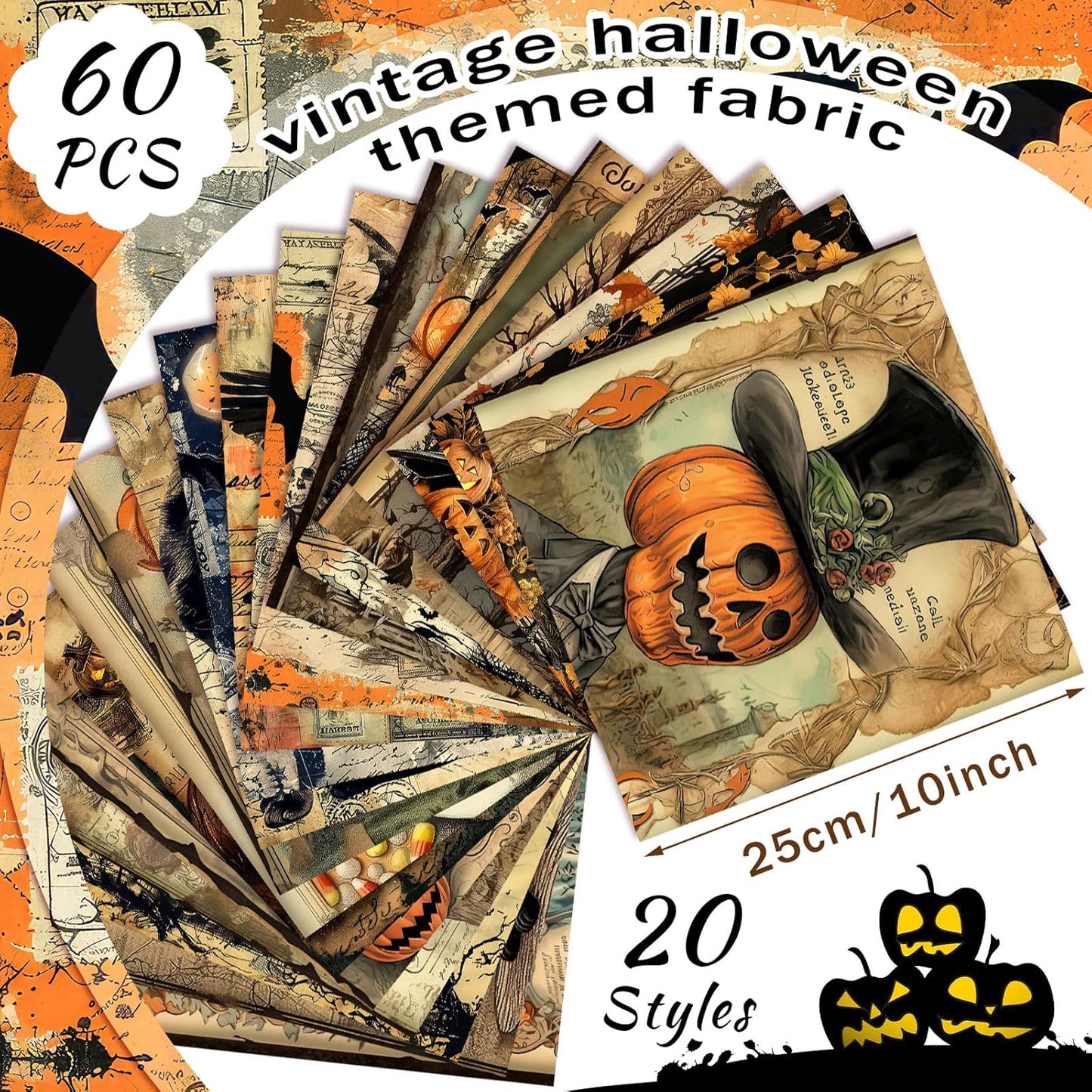 Ganeen 60 Pcs 10 x 10 Inch Vintage Halloween Quilting Fabric Squares Spooky Gothic Fabric Bundle Pumpkin Skull Black Cat Fat Patchwork Precut Stripe for Holiday Handmade Material Sewing DIY Craft