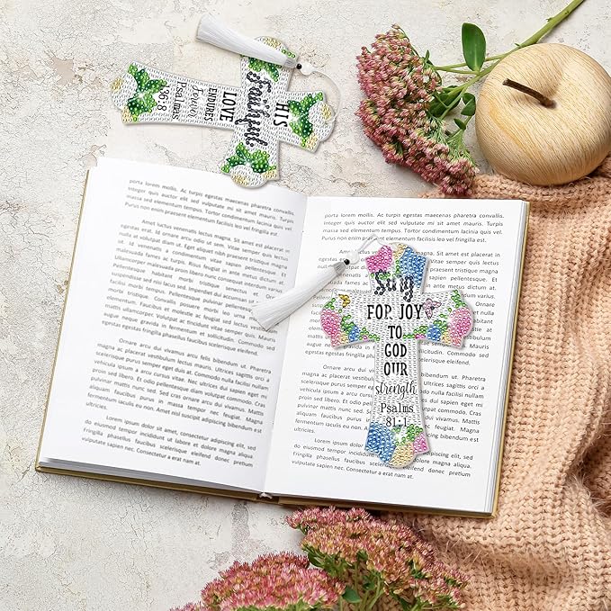 8 Pieces Christian Bible Verse Diamond Art Bookmarks 5d Christian Beaded Bookmark Acrylic Tassel Bookmark for DIY Making Beginners Kids Adults Arts Craft Supplies (Floral)