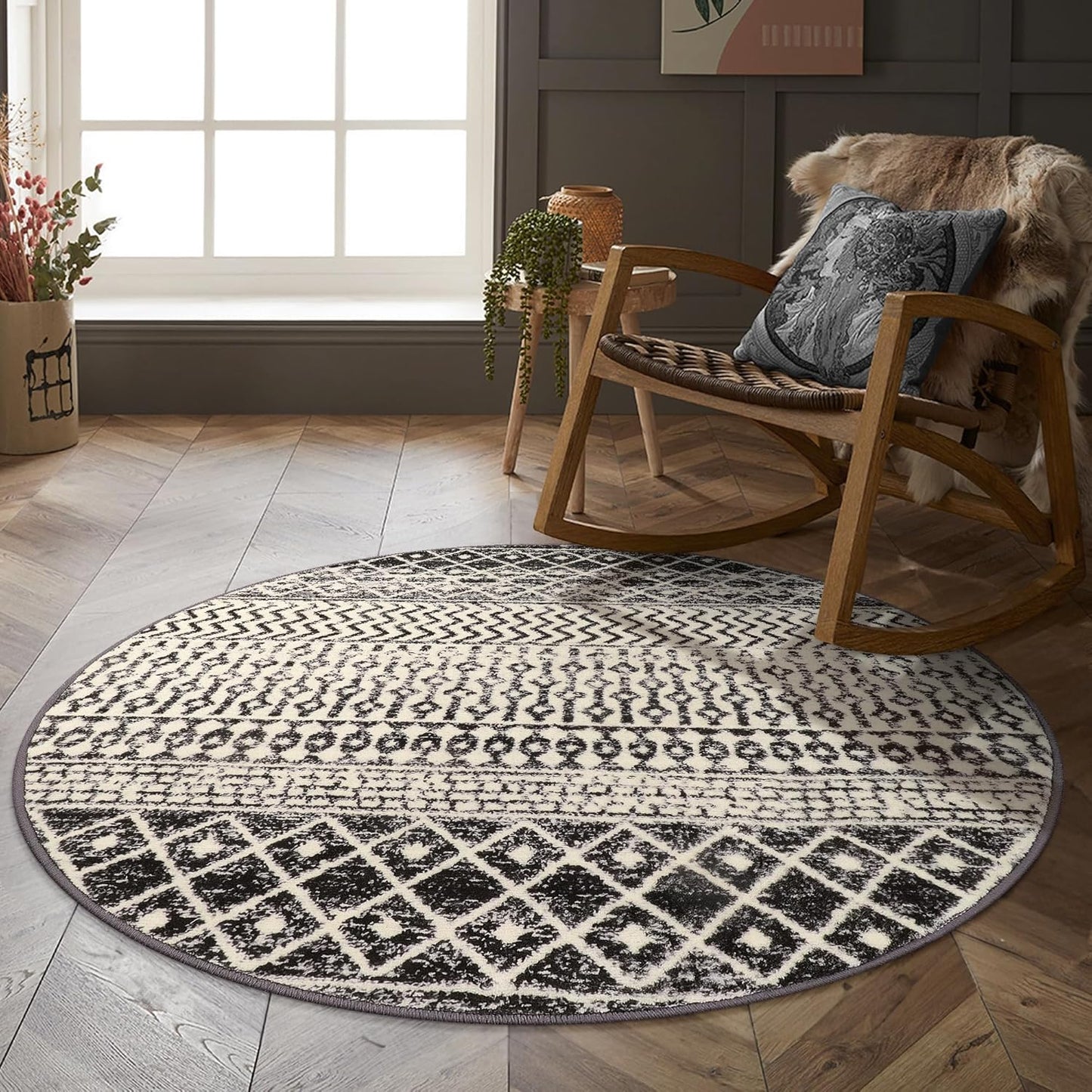 Moroccan Round Rug 3ft, Black Distressed Entryway Rug Non-Slip Circle Rug, Washable Non-Shedding Throw Rugs Indoor Door Mat for Bedroom Bathroom Kitchen Laundry Room Nursery