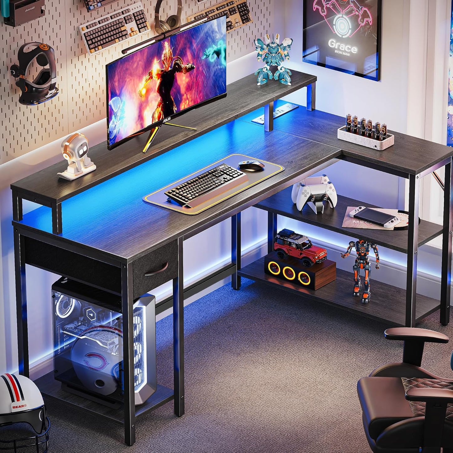 SUPERJARE 53 inch Reversible L Shaped Desk with LED Lights & Power Outlets, Computer Desk with Shelves & Monitor Stand, Gaming Desk with Drawer, Home Office Desk Corner Desk, Grey