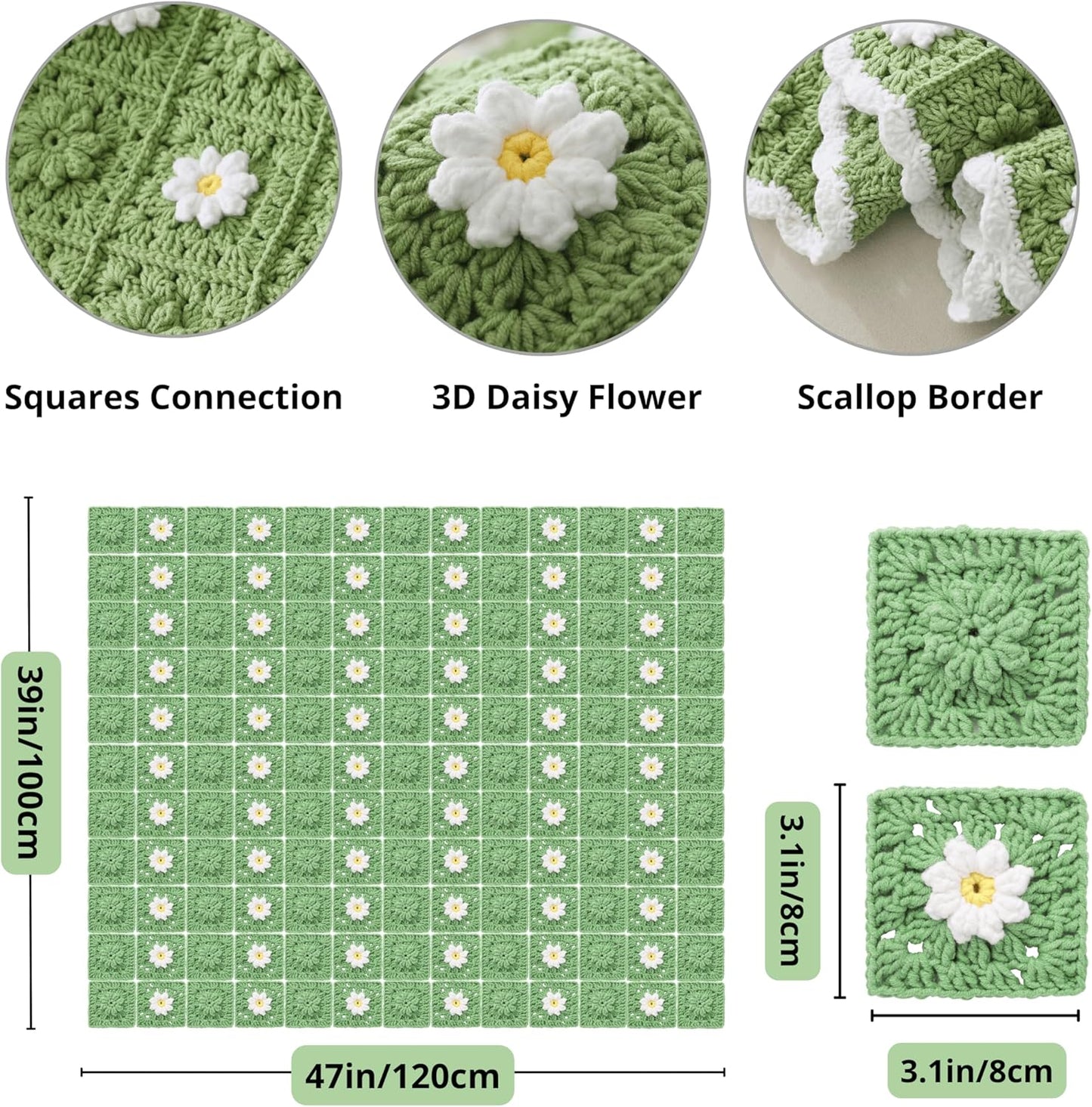 CSWCS Crochet Blanket Kit for Beginners, Daisy Granny Square Throw Kit for Adults, Easy Learn How to Knitting with Yarn & Hook, Complete Starter Set with Step-by-Step Instructions (47" x 39")