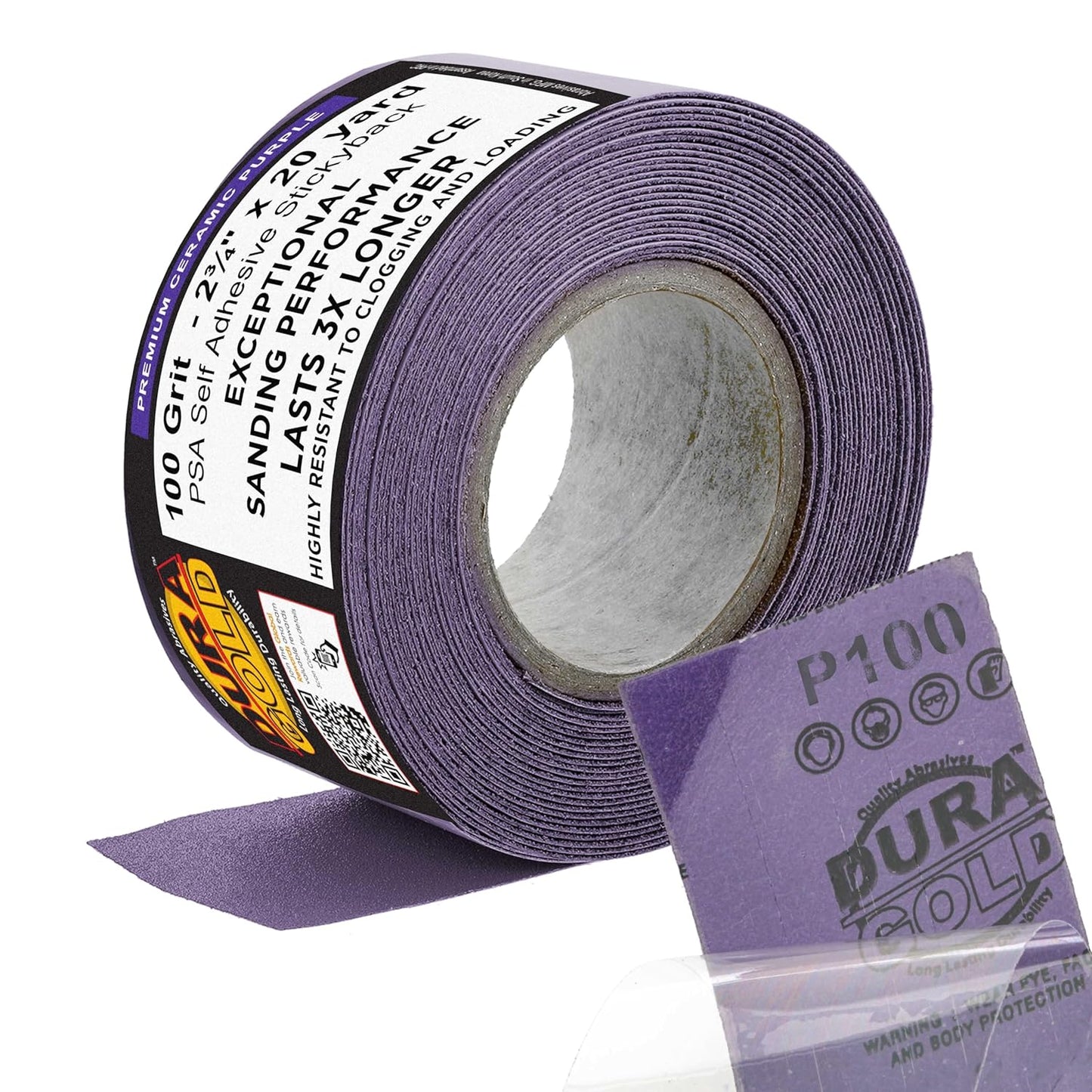 Dura-Gold Premium 100 Grit PSA Purple Film Ceramic Longboard Sandpaper, 2-3/4" Wide Continuous 20 Yard Roll - Self Adhesive Stickyback for Auto & Wood Air File Long Board Sanders, Hand Sanding Blocks