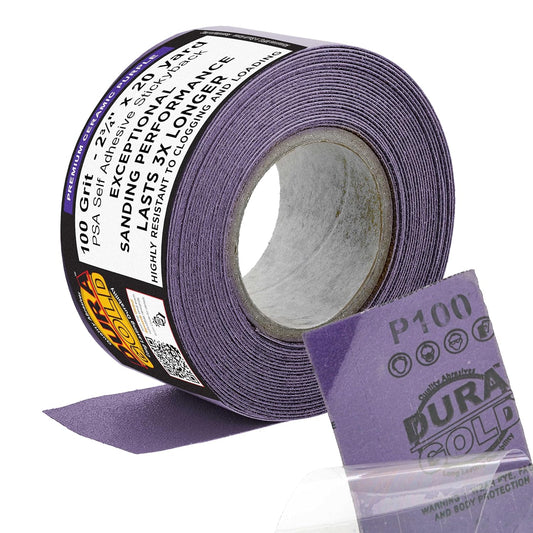 Dura-Gold Premium 100 Grit PSA Purple Film Ceramic Longboard Sandpaper, 2-3/4" Wide Continuous 20 Yard Roll - Self Adhesive Stickyback for Auto & Wood Air File Long Board Sanders, Hand Sanding Blocks