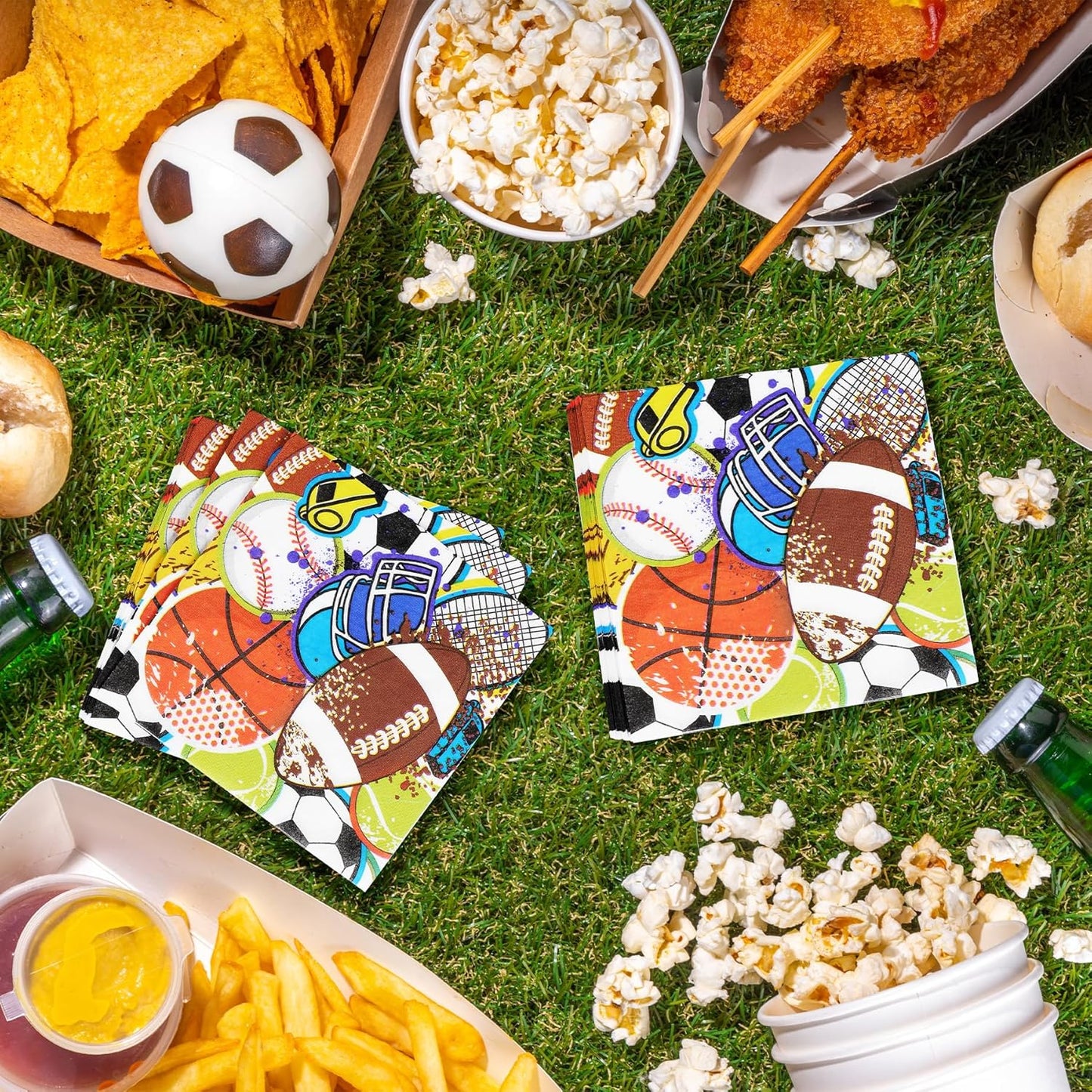 Aodaer 48 Pieces Sports Napkins 13 x 13 Inches Sports Ball Paper Napkins Disposable Sports Pattern Cocktail Napkins for Baseball Basketball Football Soccer Party Supplies, Birthday Party Decorations
