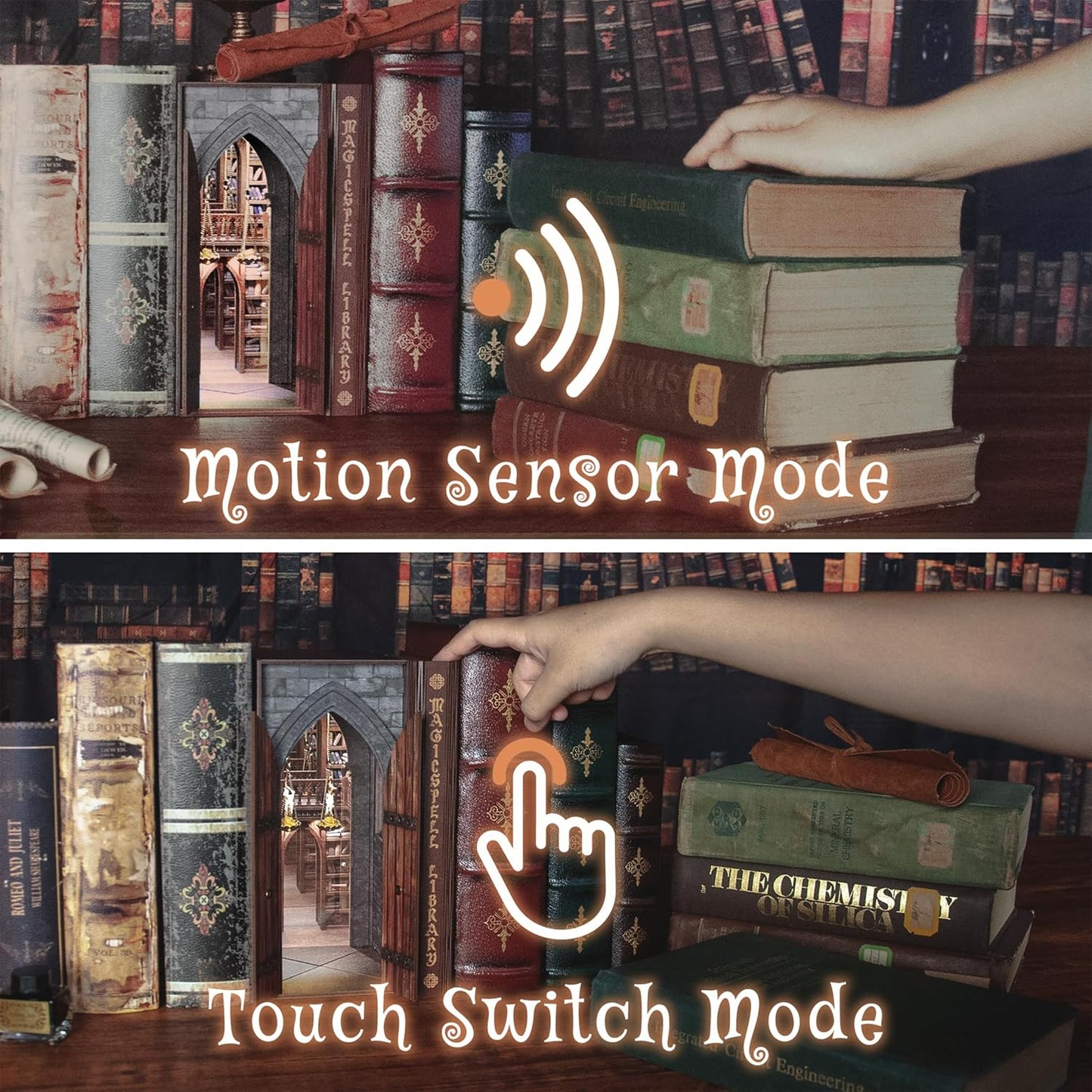 DolphinIsle Book Nook Kits for Adults, DIY Booknook Bookshelf Decor Magic Spell Library with Flame Illusion