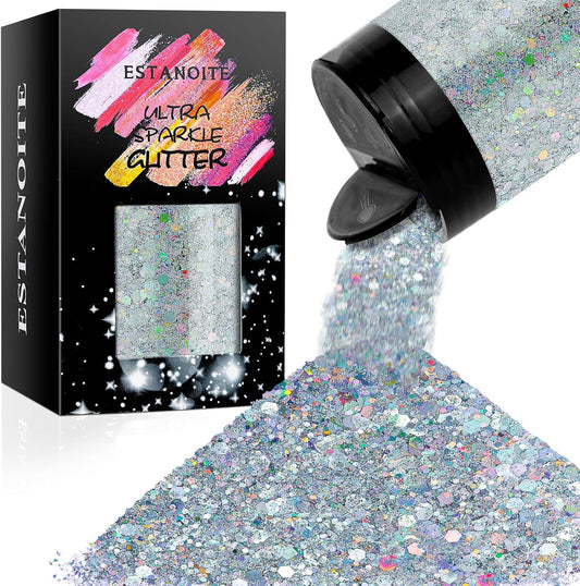 Holographic Chunky Glitter, 5.64oz/160g Craft Glitter Powder Mixed Chunky & Fine Flakes, Iridescent Sequins for Nail Art, Hair, Body, Eye Epoxy Resin, Tumblers, Painting, Festival Decor (Silver)