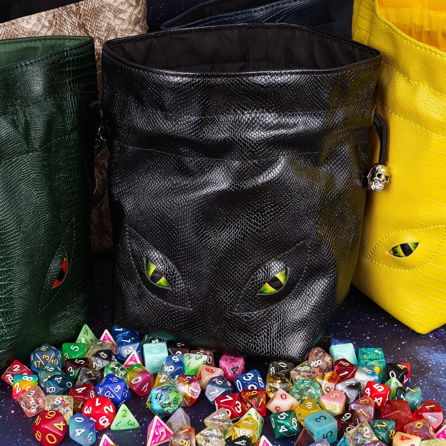 Large DND Dice Bag Leather Dice Storage Bag Black D&D Drawstring Pouch with Pockets for RPG Table Games - Can Hold 200+ Polyhedral Dice