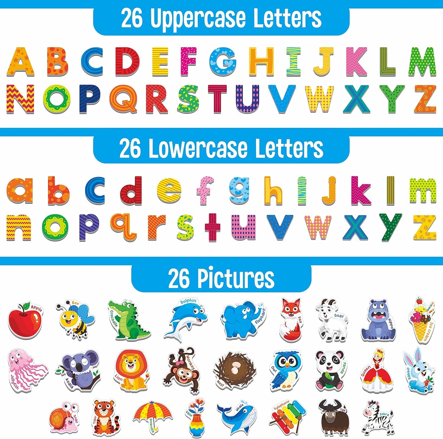 78 Magnetic Alphabet, 26 Uppercase, 26 Lowercase Letters & 26 Object Patterns, Adorable Animal Alphabet ABC Fridge Magnets Educational Letter Spelling Learning Toys Set for Toddlers 3 4 5 Years Old