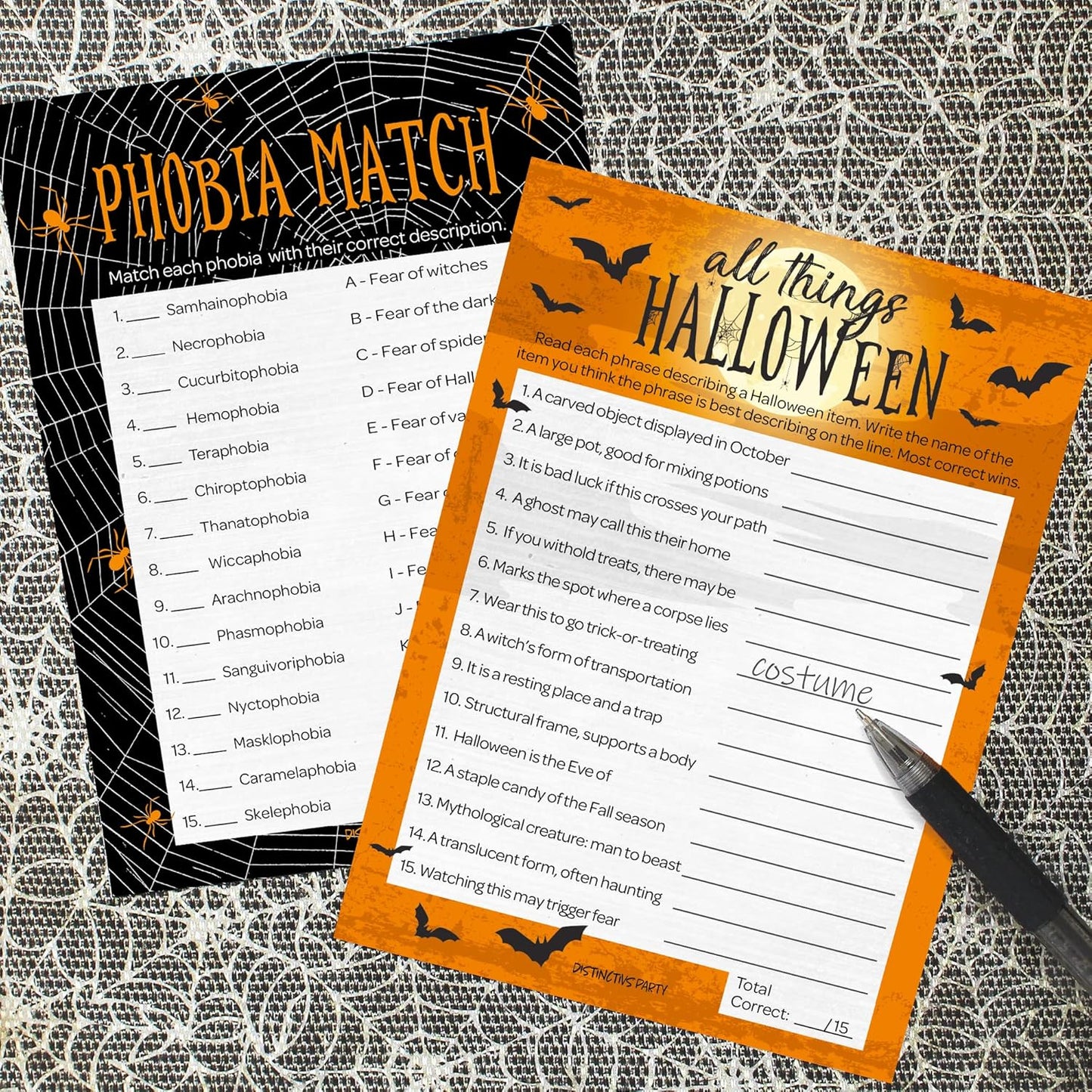 DISTINCTIVS Halloween Party Games, Halloween Trivia and Phobia Match 2 Game Bundle, 25 Dual-Sided Cards for Kids, Adults, Classrooms, and Fall Events
