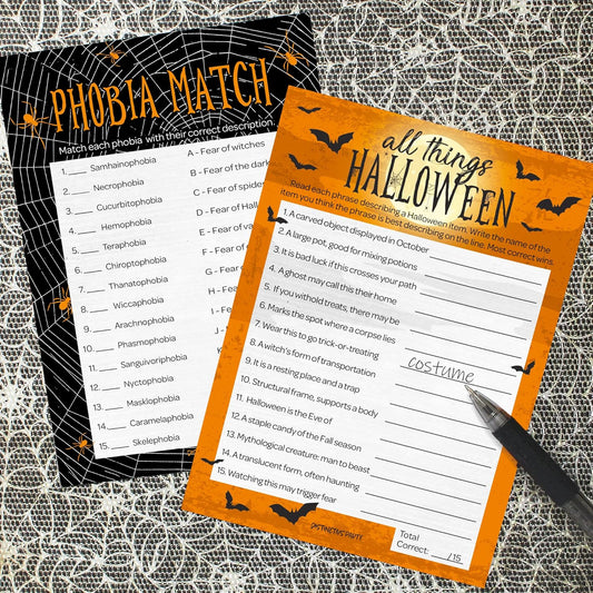 DISTINCTIVS Halloween Party Games, Halloween Trivia and Phobia Match 2 Game Bundle, 25 Dual-Sided Cards for Kids, Adults, Classrooms, and Fall Events