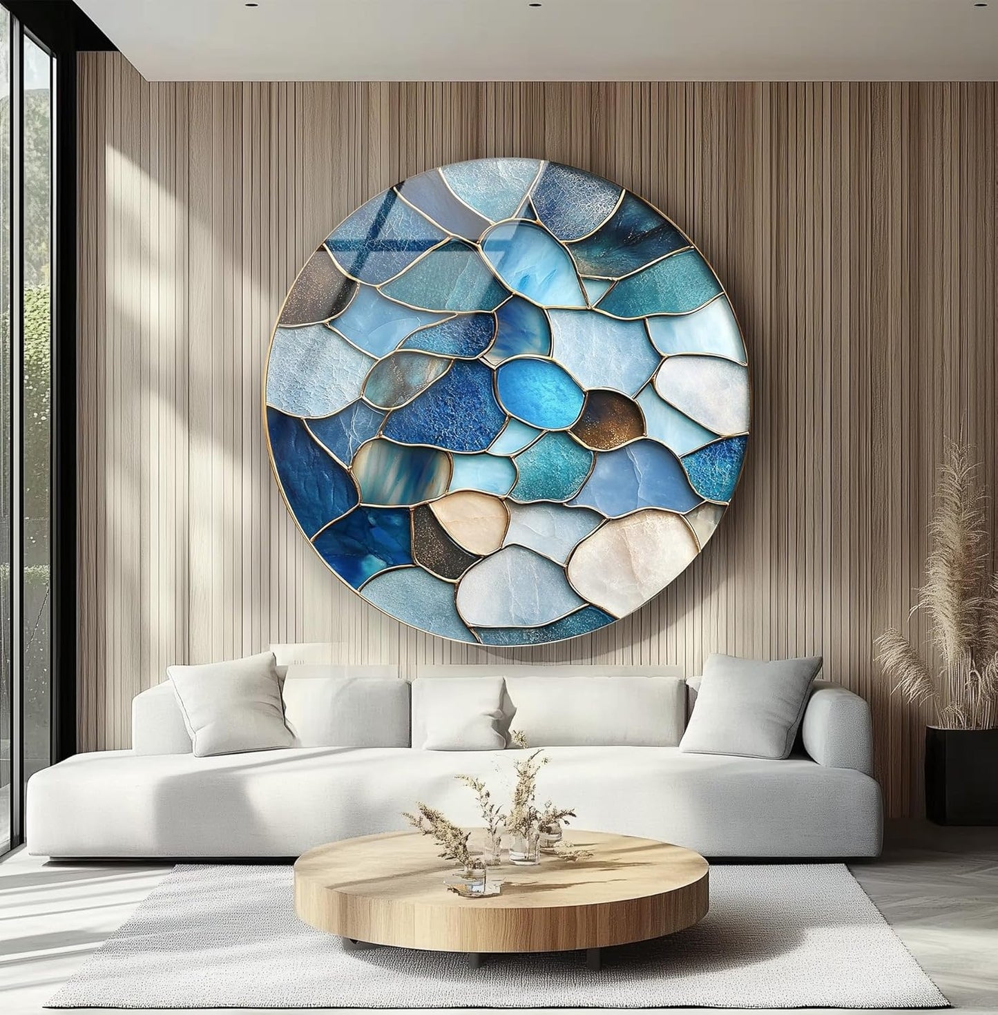 My Photostation.com 39,4''(100cm) Diameter Coastal Blue Stone Mosaic Round Glass Wall Art Tempered Glass Printing Wall Decor Large Wall Art Wall Hangings