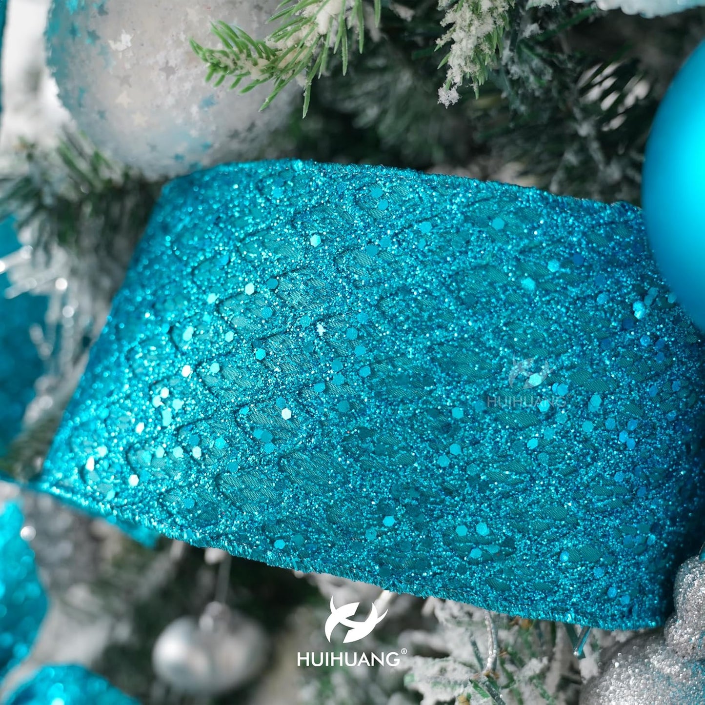 HUIHUANG Turquoise Glitter Wired Ribbon 4 inch Teal Christmas Tree Ribbon Diamond Mesh Wire Ribbon for Tree Decorations, Wreaths, Garland, Large Bows Making, Home Decor -10 Yards