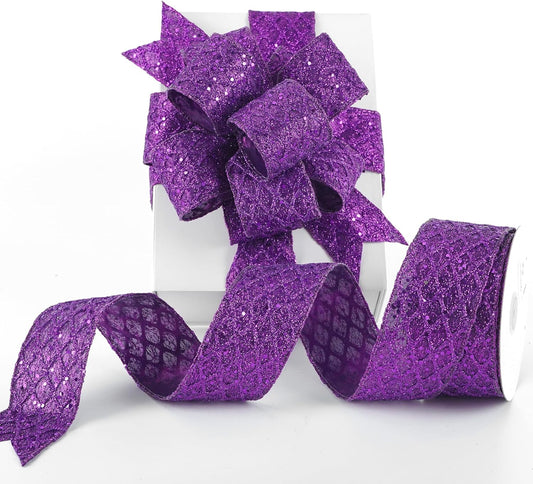 HUIHUANG Purple Wired Ribbon for Christmas Tree 2.5 inch Purple Glitter Diamond Mesh Ribbon for Tree Decoration, Wreaths, Garland, Gift Wrapping, Large Bows Making, Halloween Decor -10 Yards