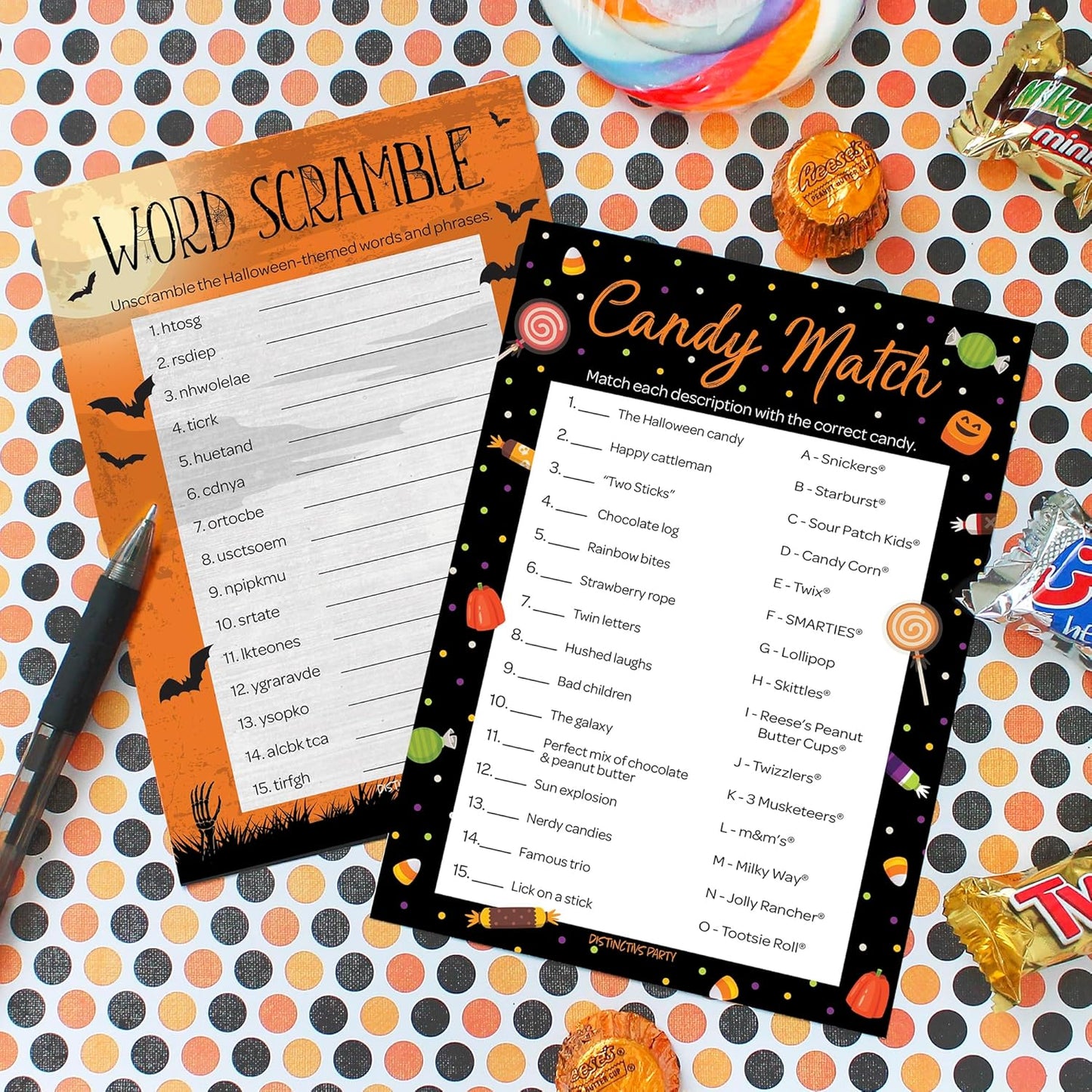 DISTINCTIVS Halloween Party Games – Word Scramble and Candy Match 2 Game Bundle, 25 Dual-Sided Cards for Kids, Adults, Classrooms, and Fall Events