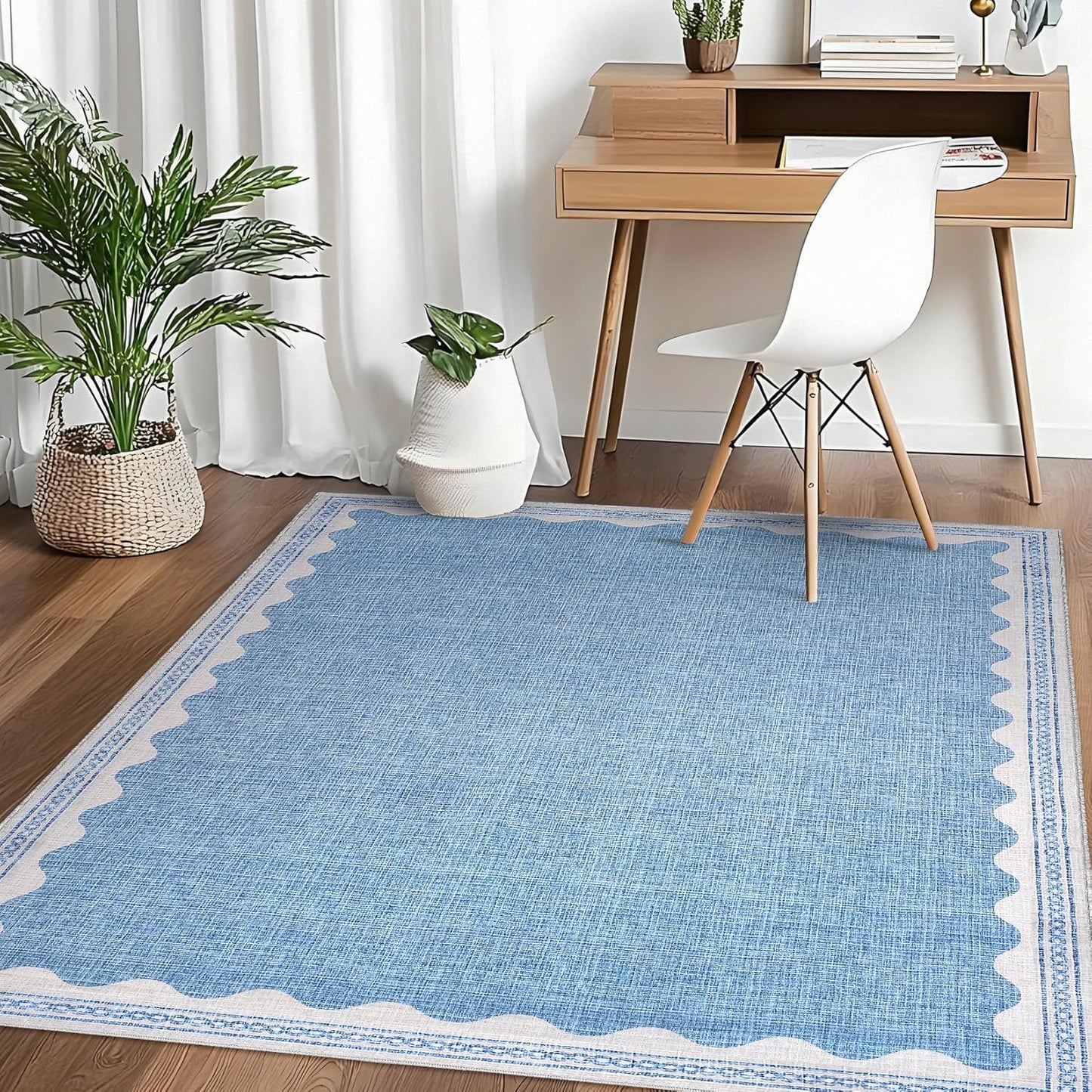Scalloped Washable Rugs for Living Room, Solid Blue 6x9 Area Rugs for Bedroom Girls, Non Slip Scalloped Rug with Rubber Back, Soft Dorm Nursery 6x9 Rugs for Dining Room