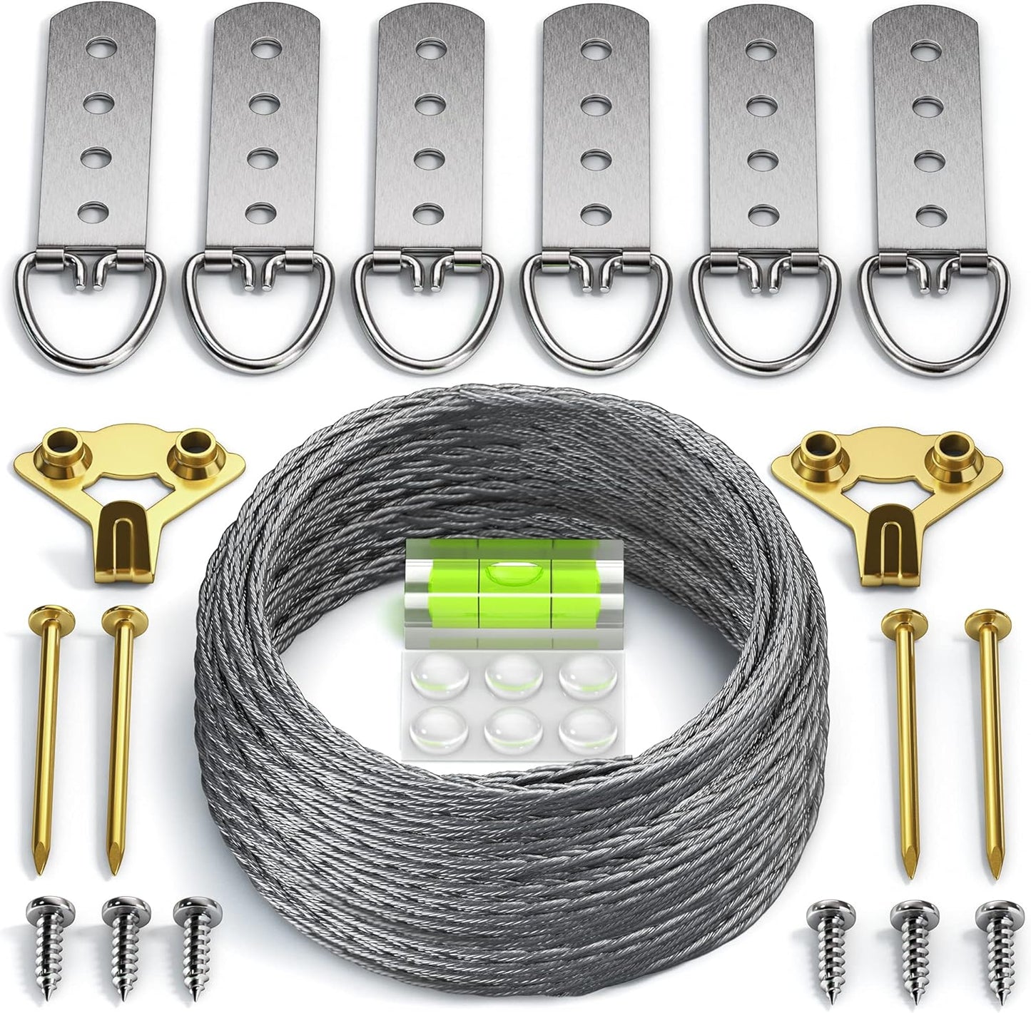 Heavy Duty Picture Wire Hanging Kit - D-Ring, Screws, Hanging Hooks,Level. Supports up to 100 lbs 50+ Feet (15.25M) Stainless Steel Wire Hanger