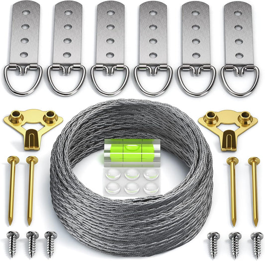 Heavy Duty Picture Wire Hanging Kit - D-Ring, Screws, Hanging Hooks,Level. Supports up to 100 lbs 50+ Feet (15.25M) Stainless Steel Wire Hanger