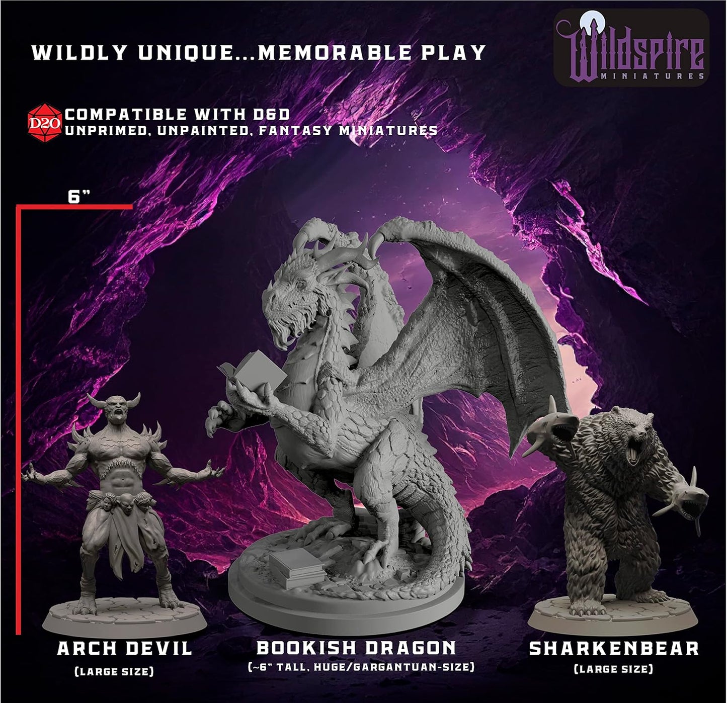 Wildspire Fantasy Monsters & Bookish Dragon for DND Miniatures Unpainted Bulk 28mm-32mm Dungeons & Dragons Minis Pathfinder Figures Fantasy Unpainted Tabletop RPG Miniature Starter Set for D&D