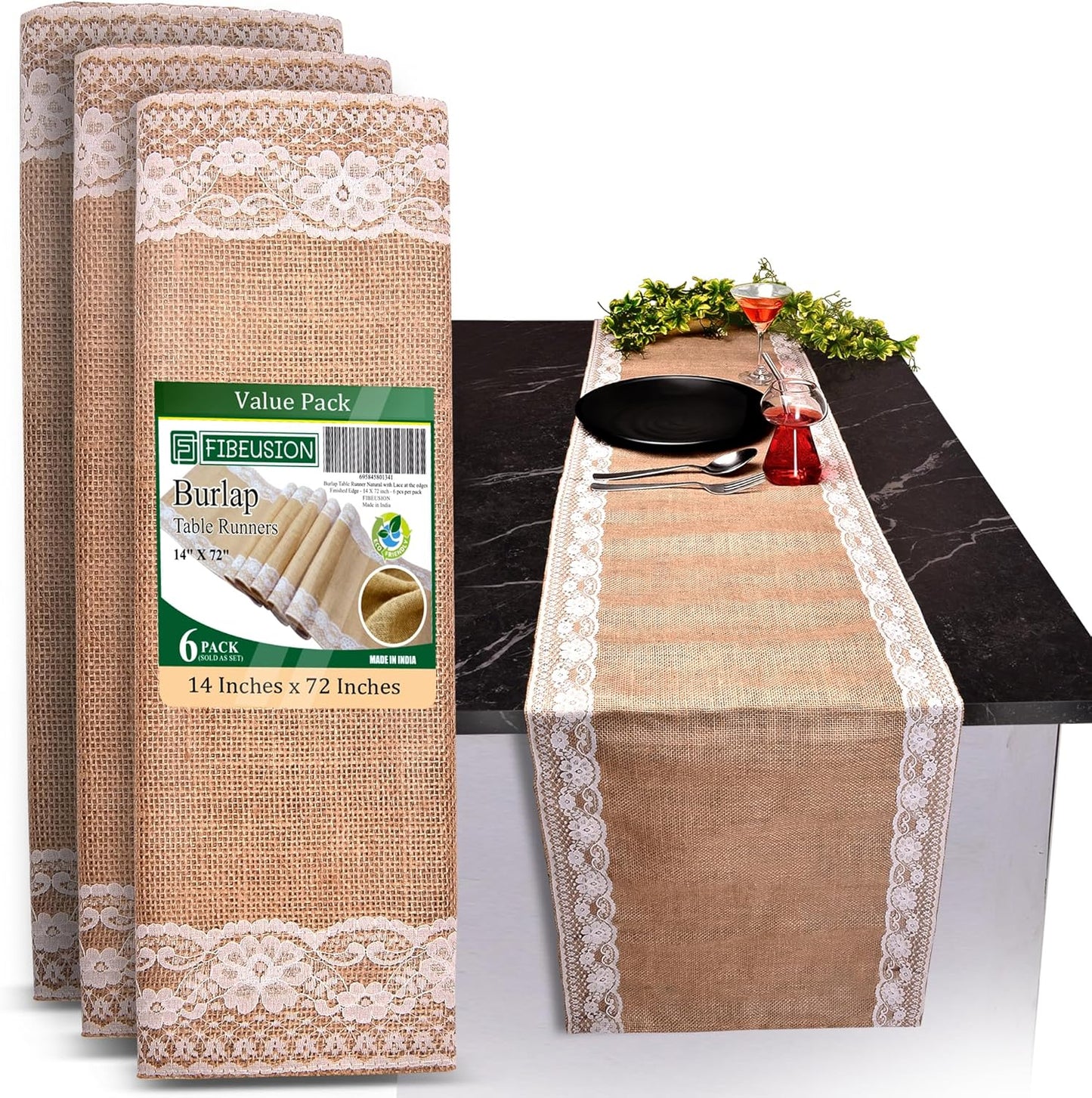 Burlap Lace Table Runner (Pack of 6) – 14”x 72” - No-Fray Finished Edge Natural Table Runner – No Odor, Eco-Friendly Burlap Runner - Perfect for Christmas, Wedding, Thanksgiving