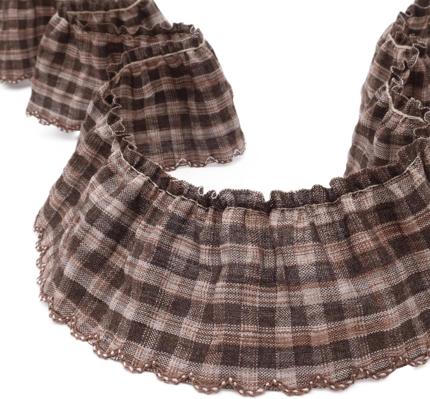 Gingham Ruffle Lace Trim Pleated Lace 5 Yards Gathered Gingham Fabric Edge Ribbon Trim for Dresses, Wedding Gowns, Crafts, Home Decor (Brown)